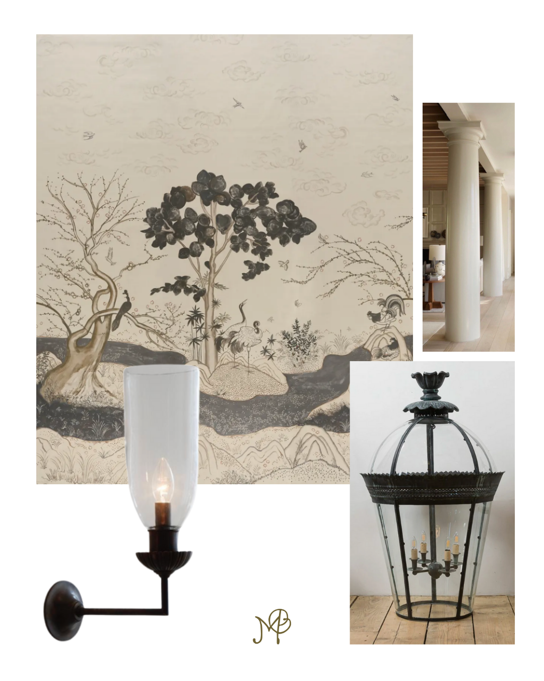 Arrangement of four interior decor items: a wall painting of a nature scene with trees and birds, a black and glass lantern chandelier, a cream-colored set of columns in a room, and a wall-mounted candle sconce with a glass cover.