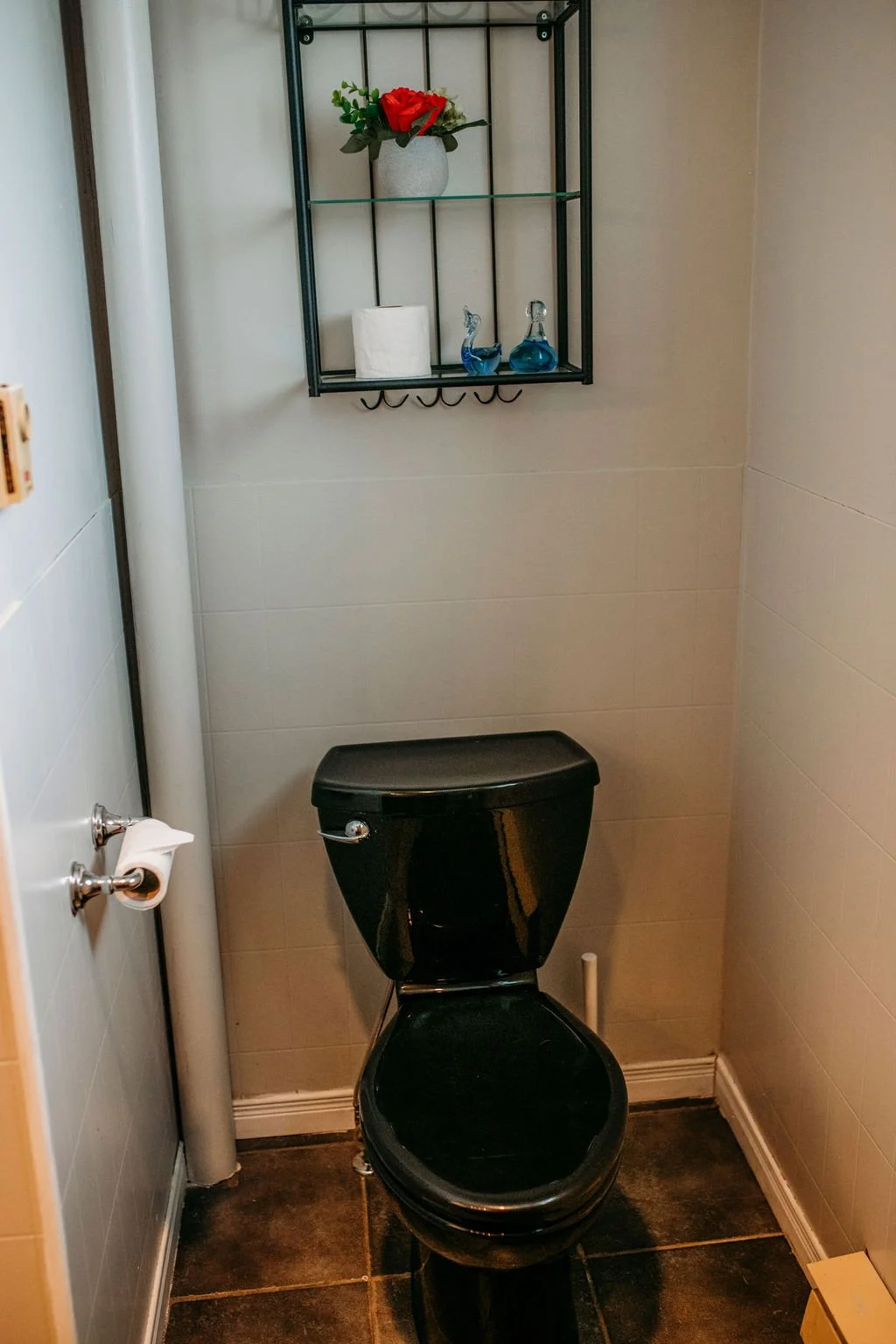 A small bathroom with a black toilet, a white toilet paper roll on a silver holder, a corner shelf above the toilet with a potted plant, a tissue box, and two blue glass duck figurines.