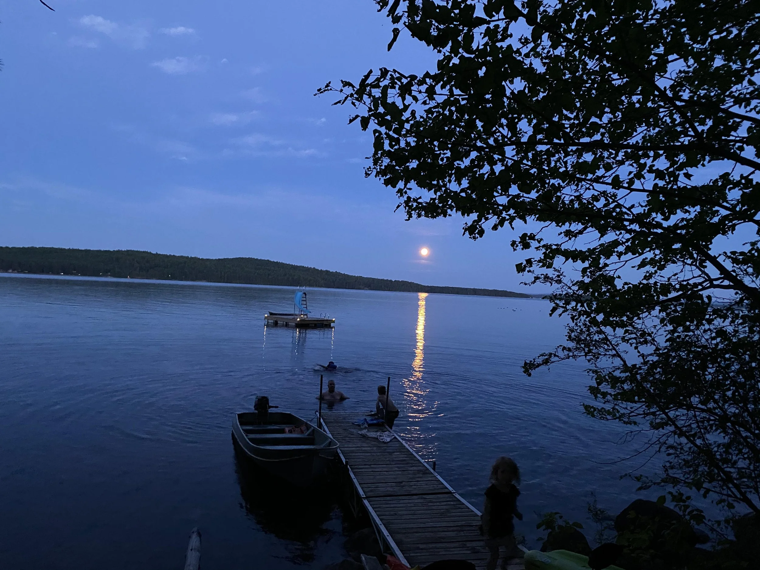 A lakeside scene at dusk with a dock extending into the water. Two children are standing at the edge of the dock, and a small boat is moored alongside it. The moon is visible over the horizon, reflecting on the lake, with a tree framing the right side of the image.