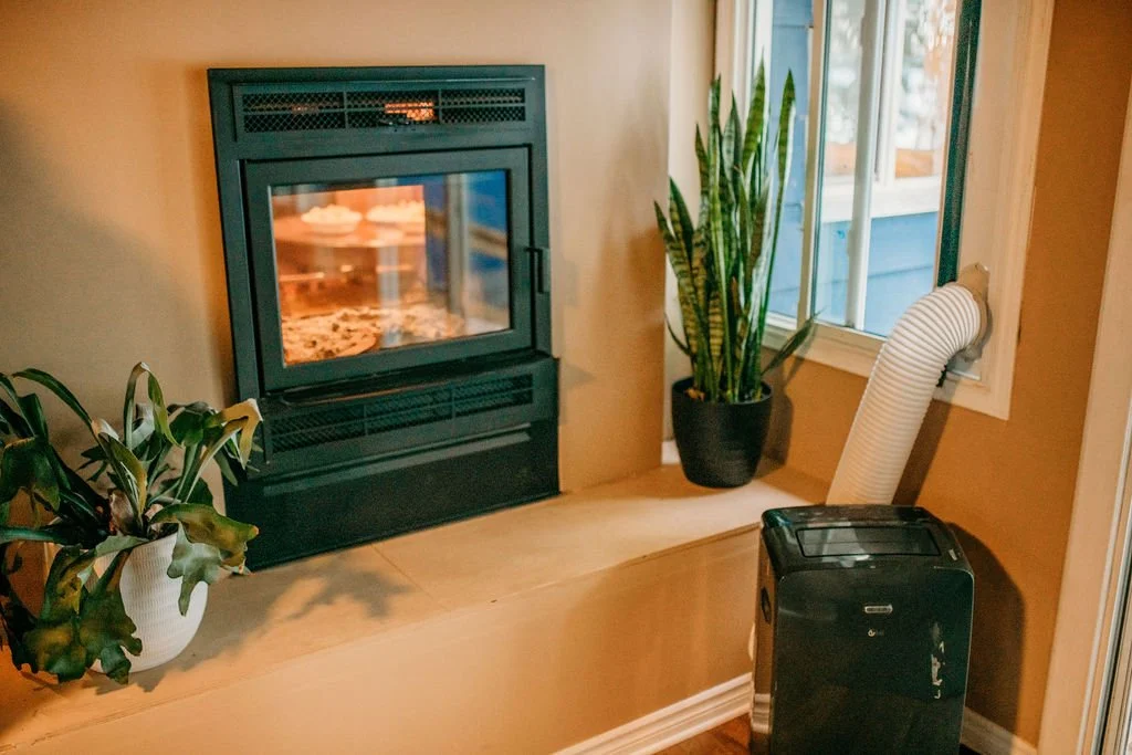 A cozy corner with a fireplace, two potted plants, and a portable air conditioner near a window.