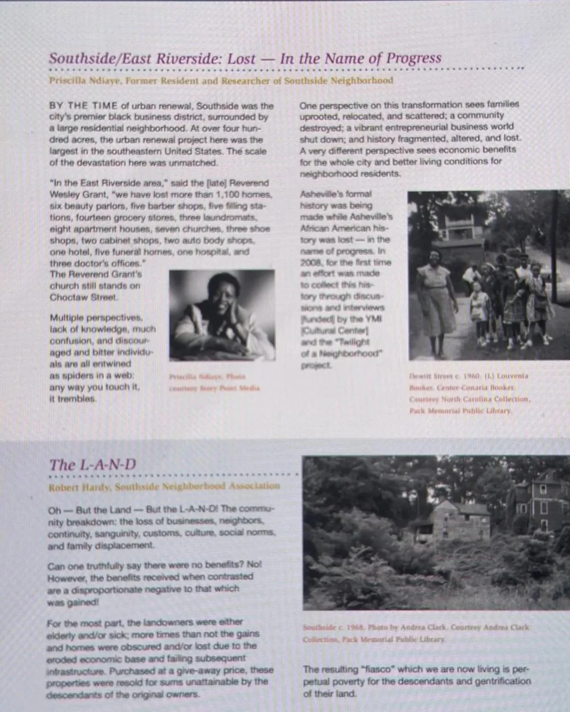 A two-page magazine or newspaper article discussing the Southside/East Riverside neighborhood, featuring black-and-white photographs of residents and scenes, with headlines and text in purple and orange fonts.