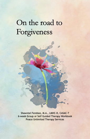 Cover page of a therapy workbook titled 'On the road to Forgiveness' with a watercolor background and a pink flower.
