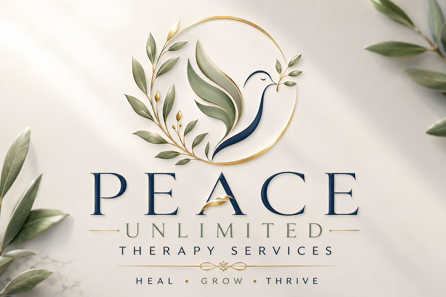 Logo for Peace Unlimited Therapy Services featuring a stylized bird with leaves, with the tagline 'Heal, Grow, Thrive.'