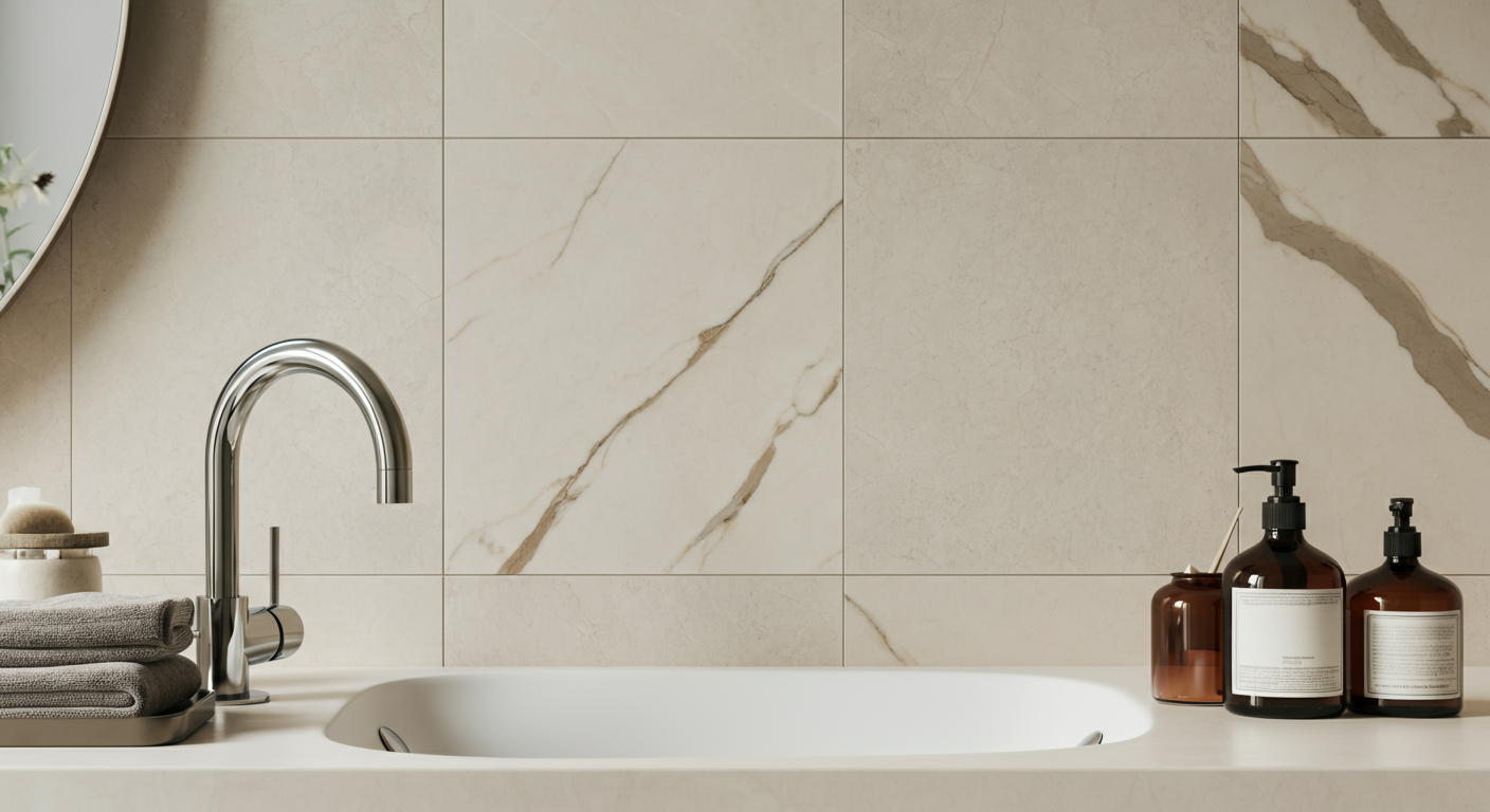 Close-up of a modern bathroom sink with a chrome faucet, brown soap and lotion bottles, and folded towels on a white countertop, with beige marble tiled wall in the background.