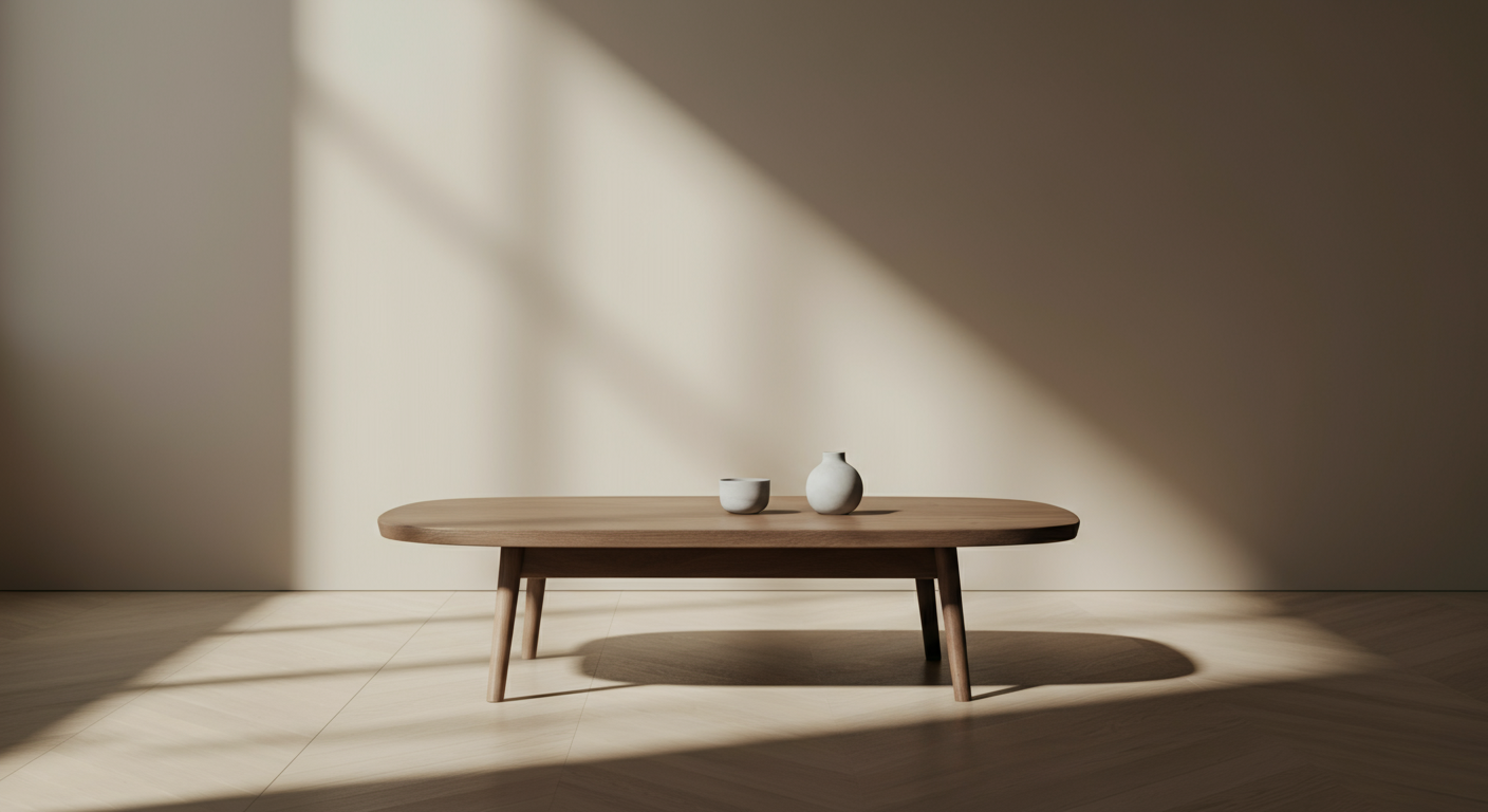 Minimalist interior with a low wooden table and two small white vases, sunlight casting shadows on the floor and wall.