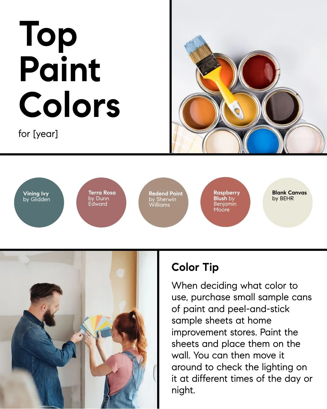 Top Paint Colors This Year 🎨

Thinking about refreshing your home this year? Interior trends are shifting toward warm neutrals and nature-inspired colors like terra rosa, blank canvas, and redend point. Even a simple paint update can make a space fe