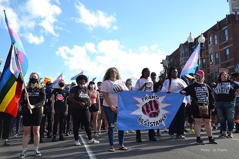 Image of several queer and trans individuals holding pride flags, wearing Trans Resistance shirts, and holding the Trans Resistance Banner