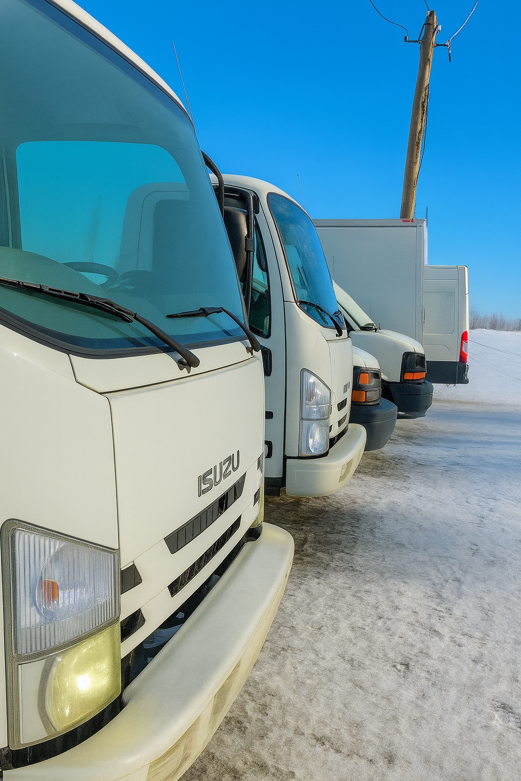 Three white commercial trucks parked on a snow-covered surface under a clear blue sky, with a utility pole in the background.
