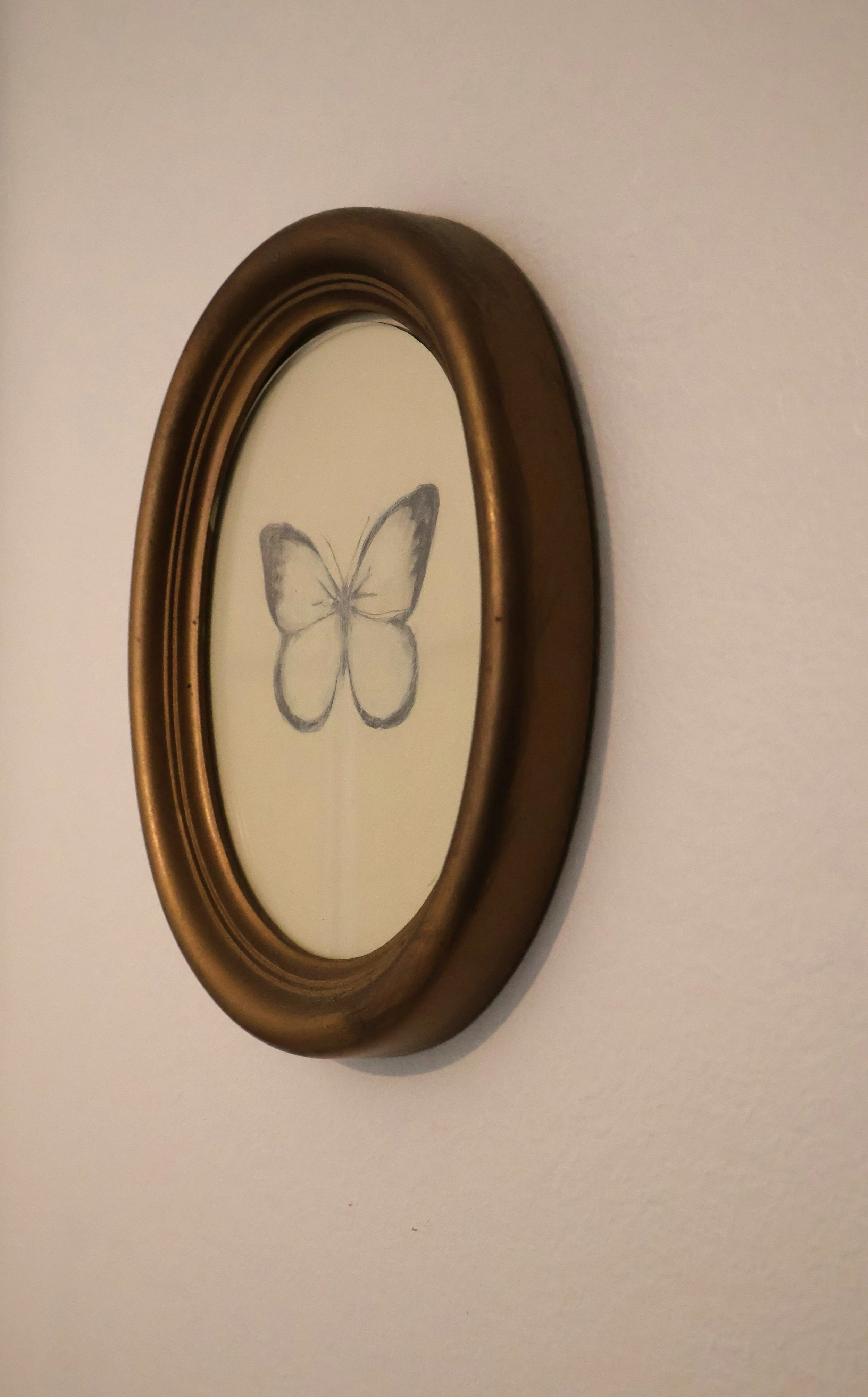A framed black-and-white illustration of a butterfly hanging on a white wall.