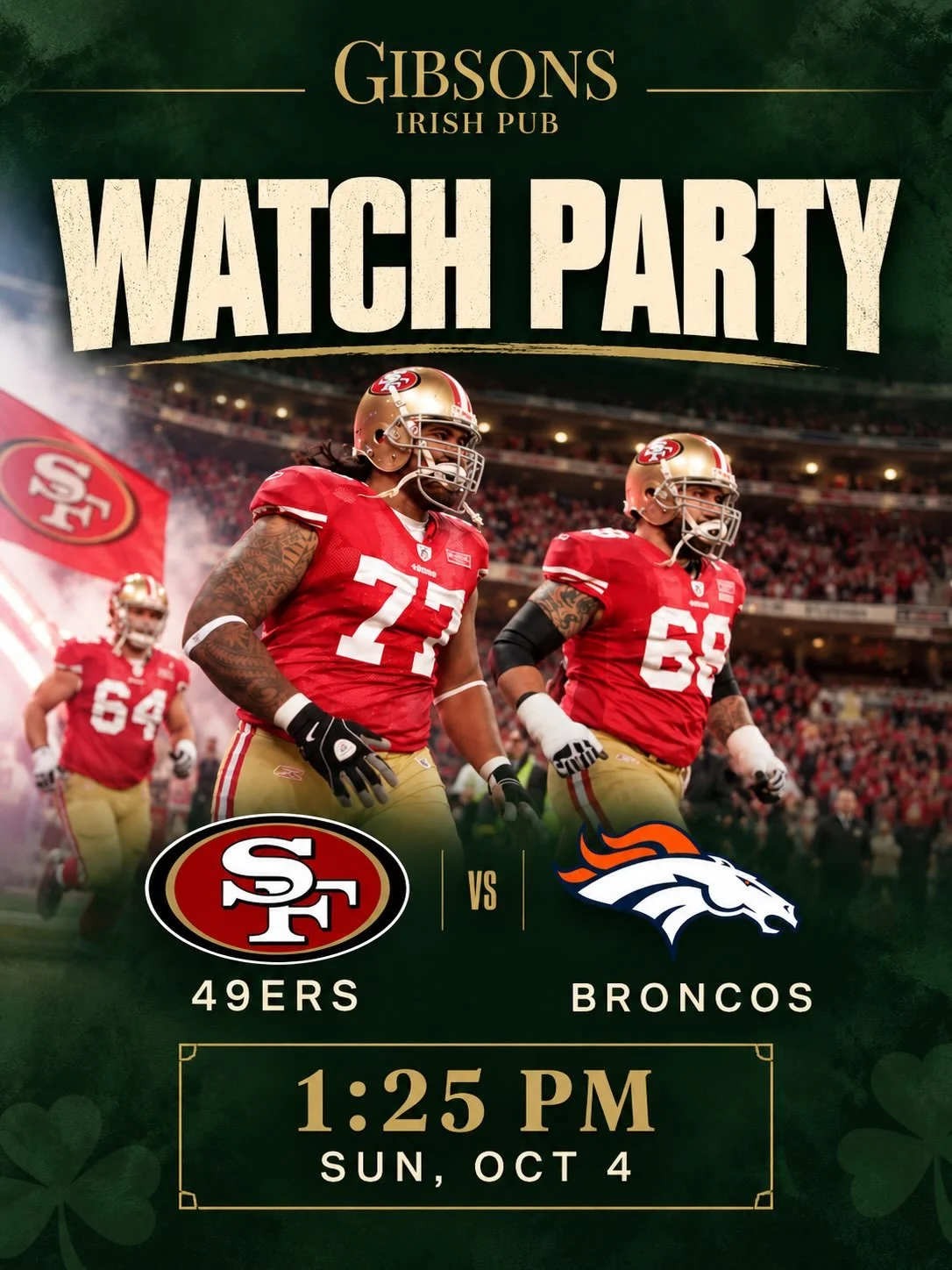 49ers vs. Broncos tomorrow at Gibsons 🏈

Catch the game at 1:25 PM with our NFL food &amp; drink promos available all game long. Grab a seat, order a round, and watch with us at Gibsons Irish Pub 🍻

#gibsonsirishpub #49ers #sportsbar #NFLSunday #wa