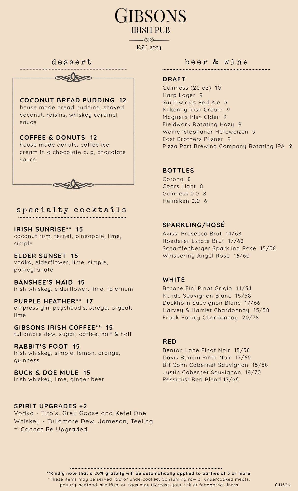 Gibsons Drink Menu