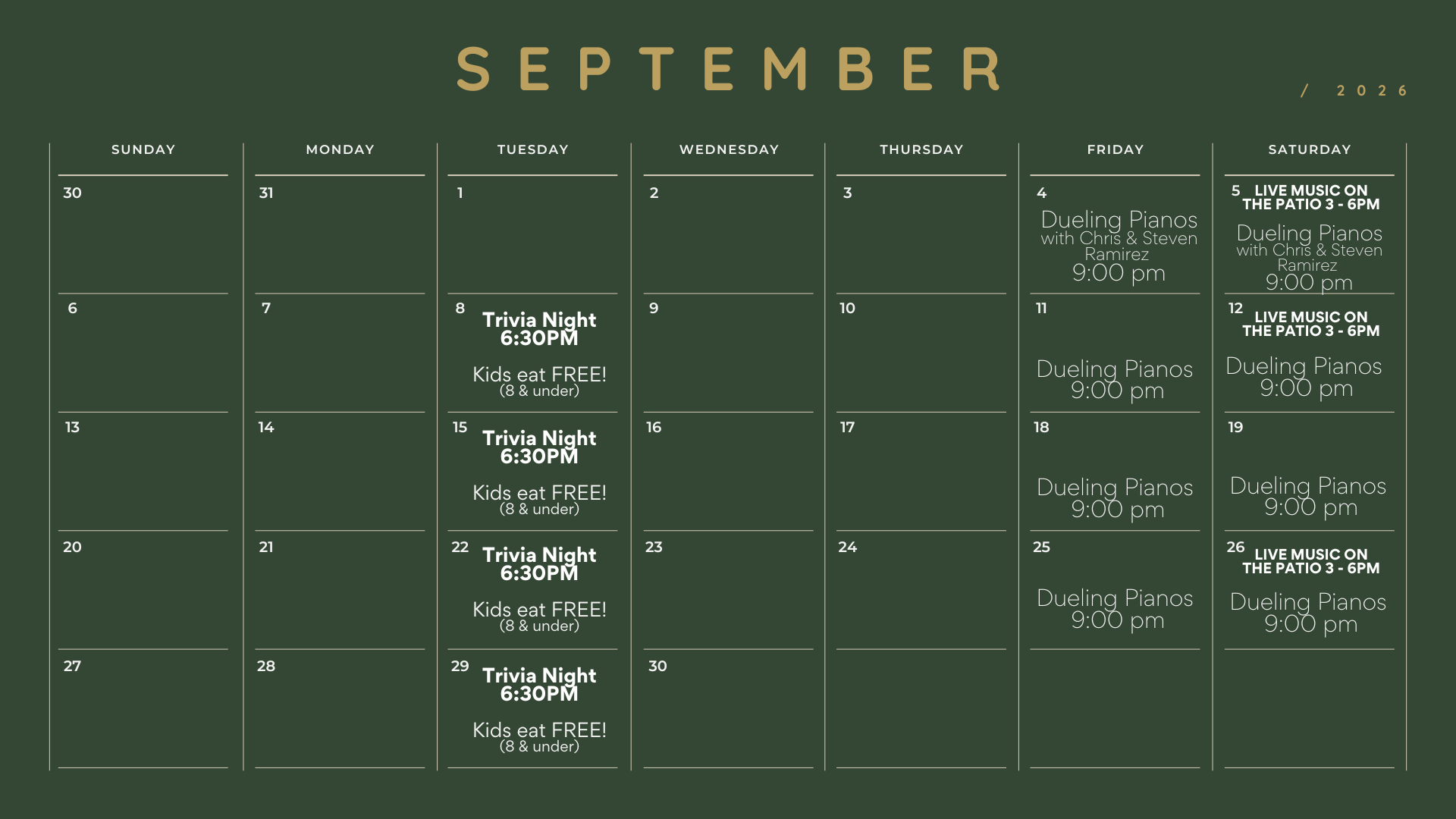 SEPTEMBER ENTERTAINMENT CALENDAR