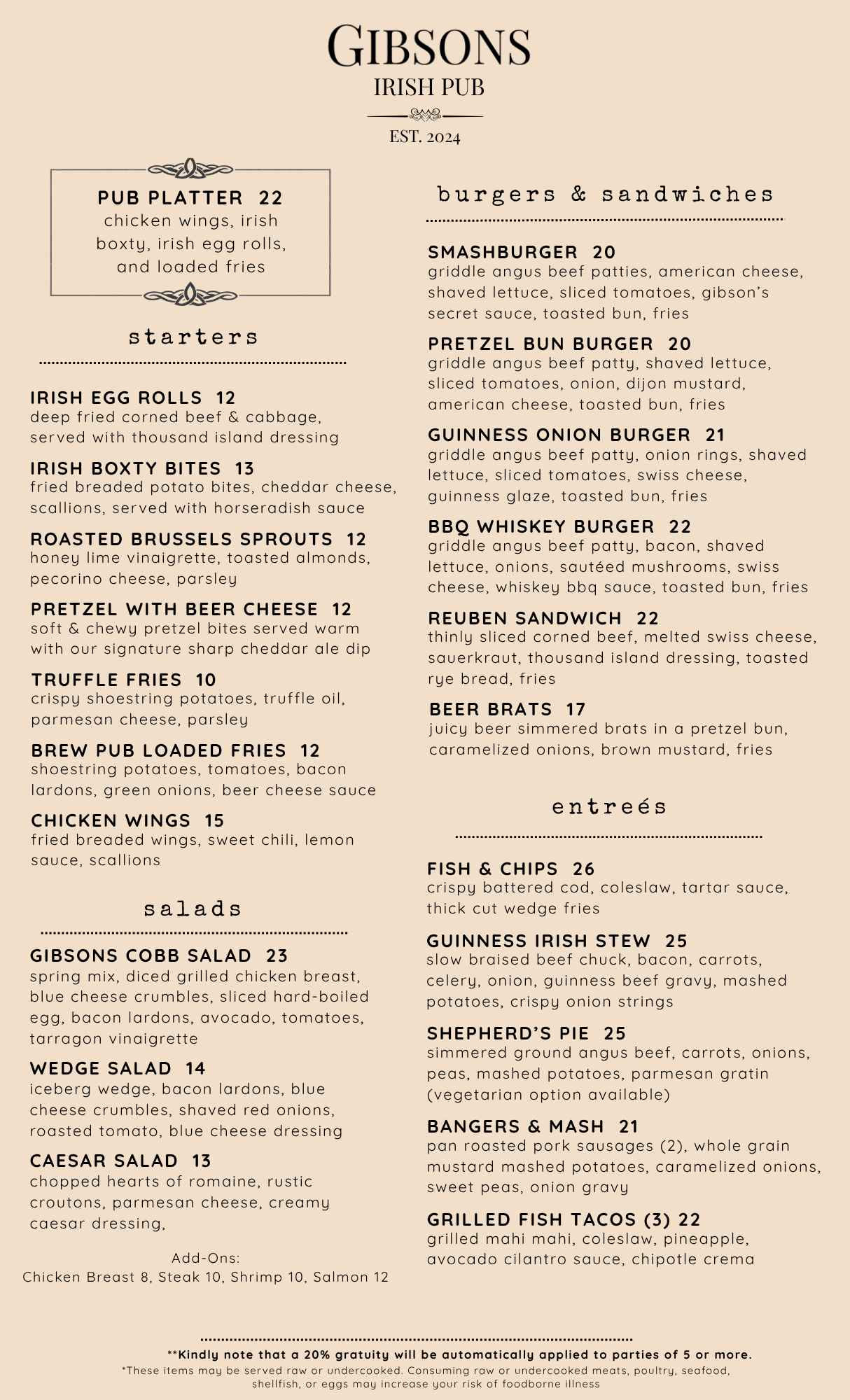Gibsons Food Menu