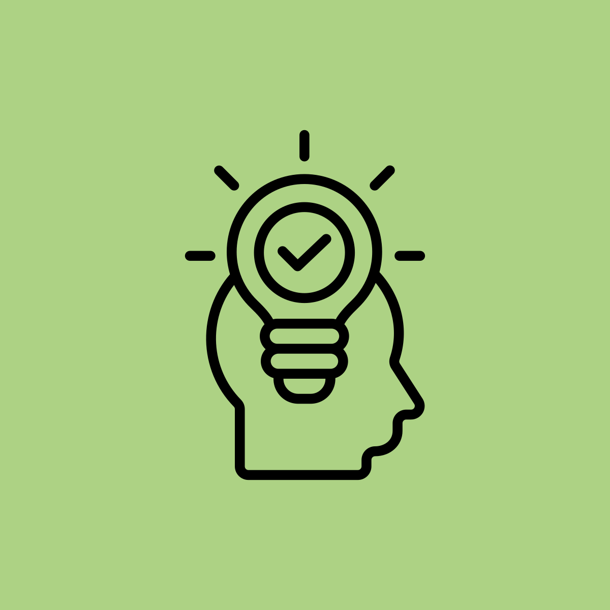 Outline of a human head with a lightbulb inside, featuring a check mark in the center, on a light green background.