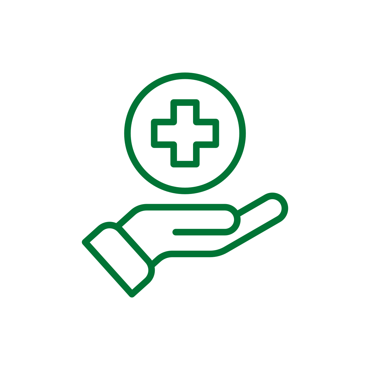 Green medical cross symbol above an open hand icon.