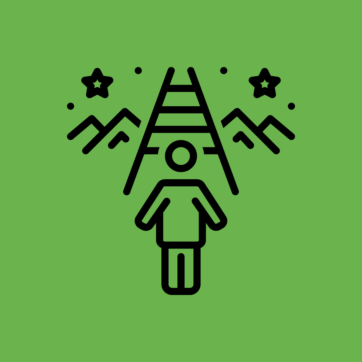 Minimalist icon of a person standing in front of mountains, stars, and a tower on a green background.