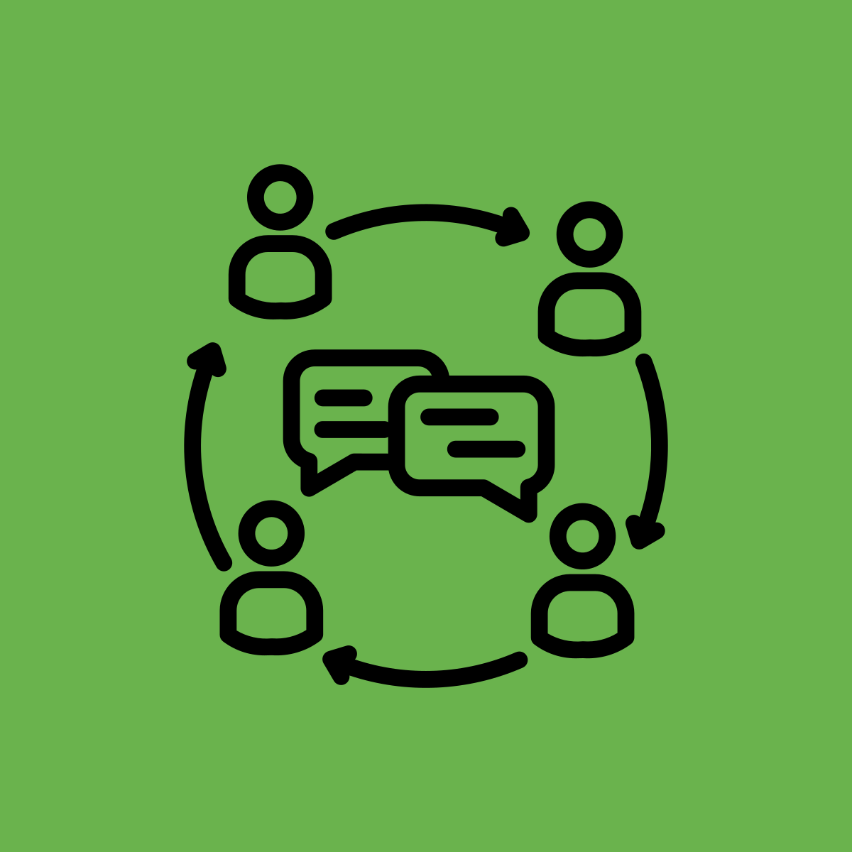 Icon representing communication and interaction among four people through speech bubbles and circular arrows.