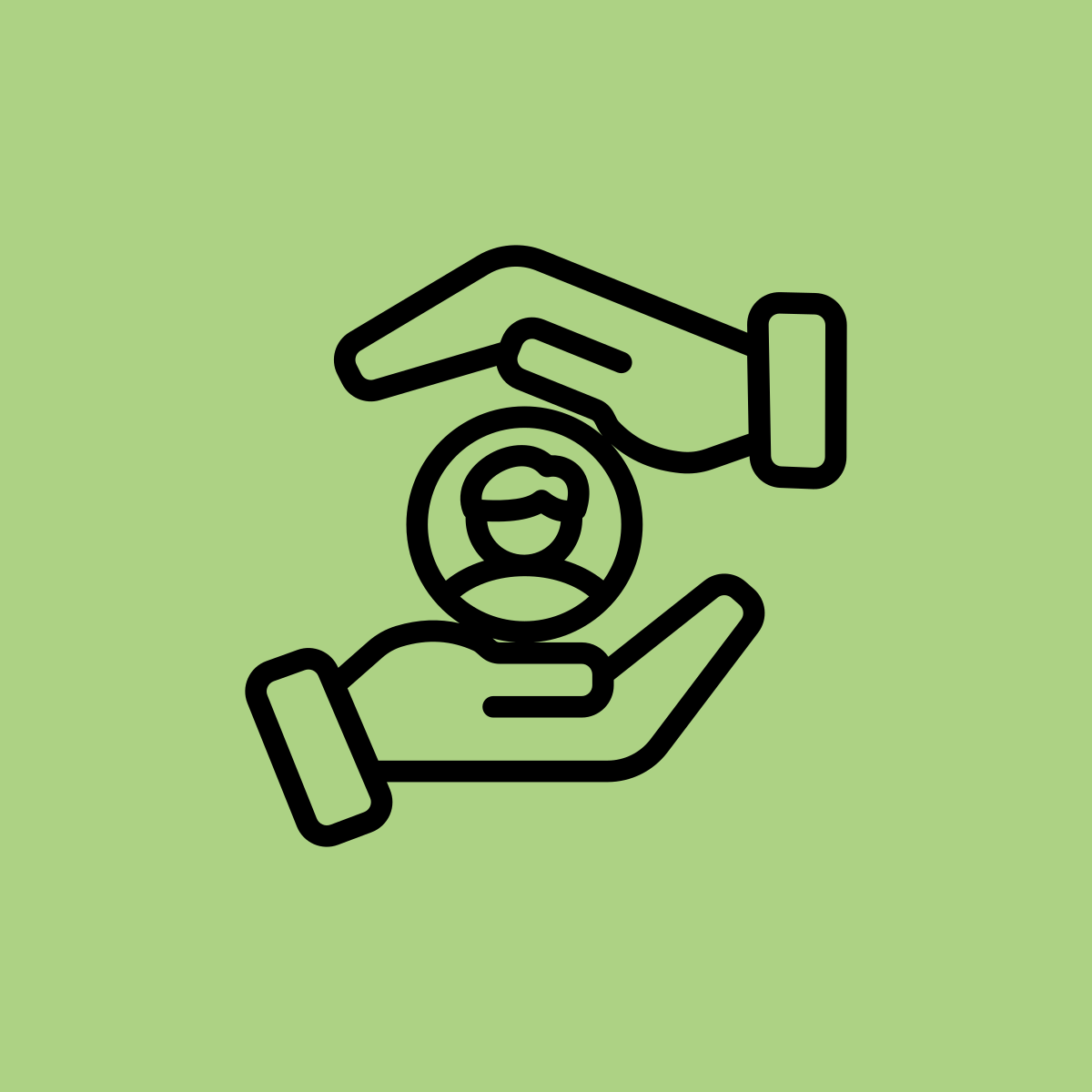 Outline of two hands surrounding a person's profile icon on a light green background.