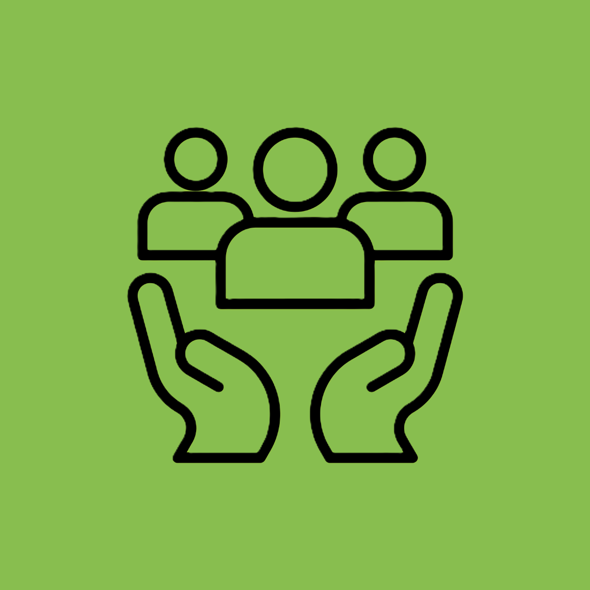 Icon of three people sitting around a table with two hands beneath, all outlined in black on a green background.
