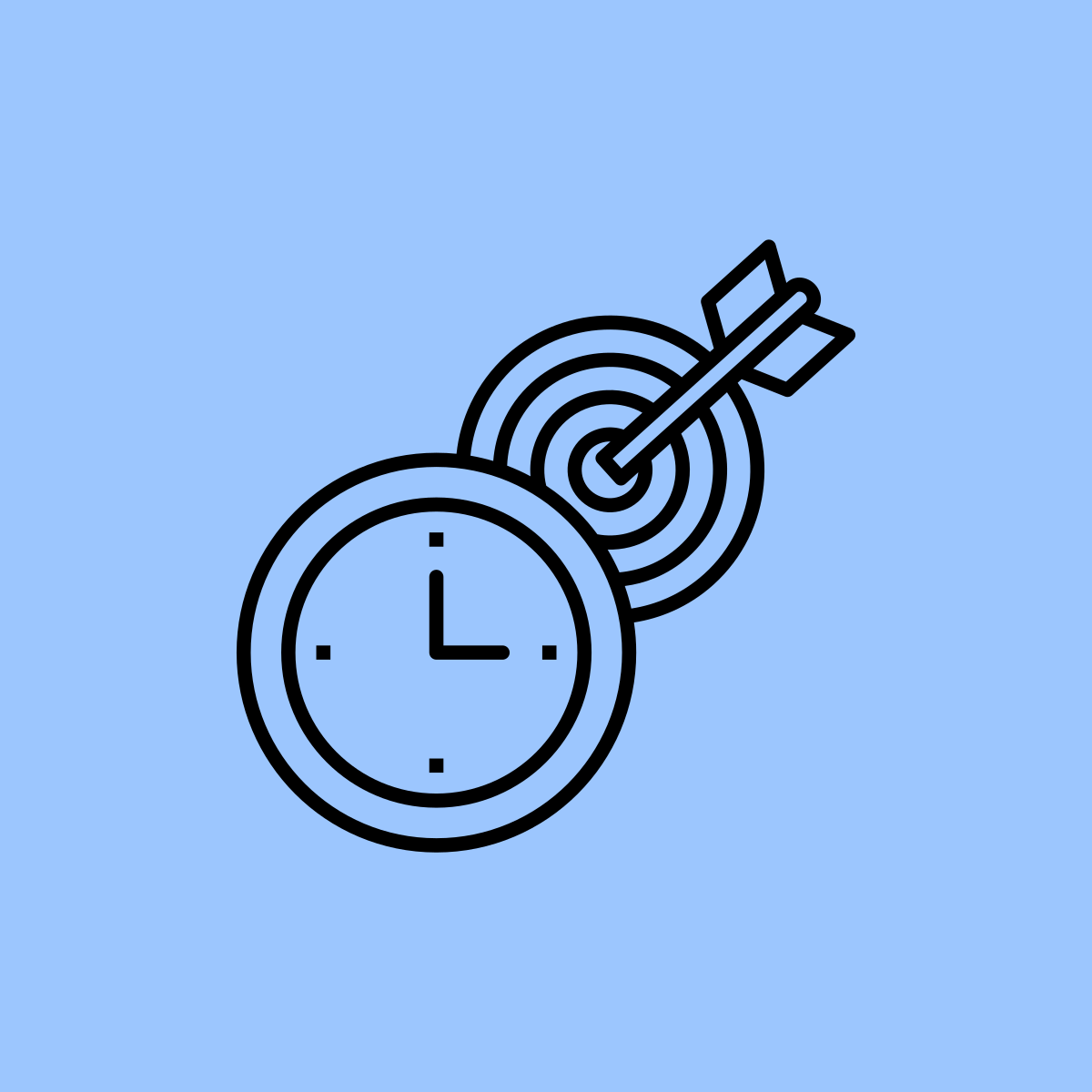 A clock and a target with an arrow hitting the bullseye, symbolizing time and goal achievement.