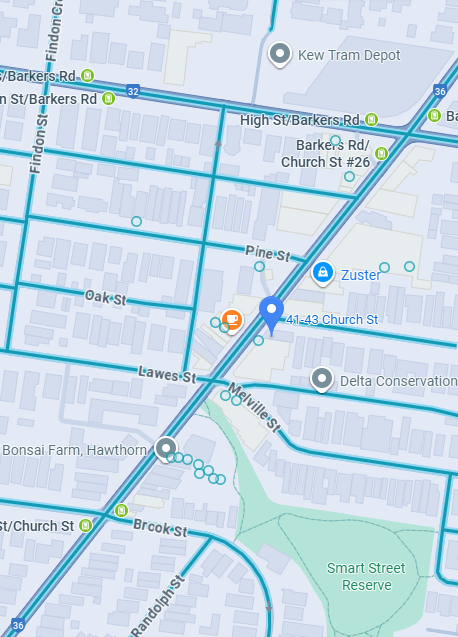 Map of a neighborhood showing streets, bus stops, and landmarks including Kew Tram Depot, Zuster, Delta Conservation, and Smart Street Reserve.