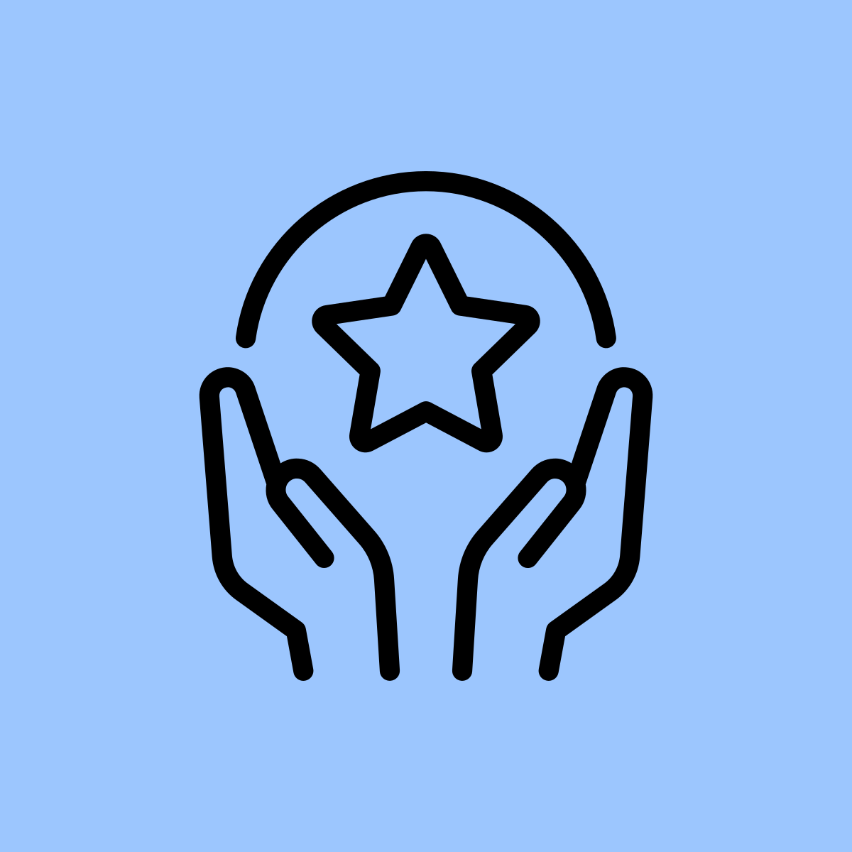 Outline icon of two hands holding a star with a circle around it, on a light blue background.