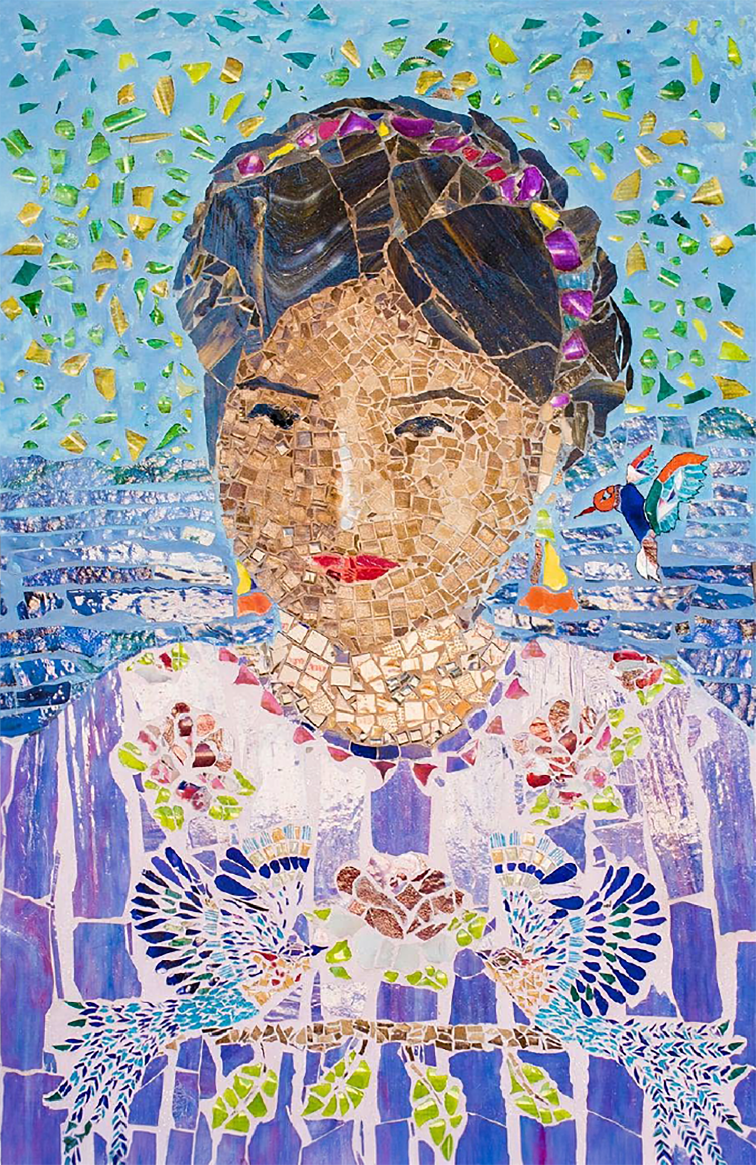 A mosaic artwork of a woman with flowers in her hair, a bird, flowers, and abstract patterns in vibrant colors.