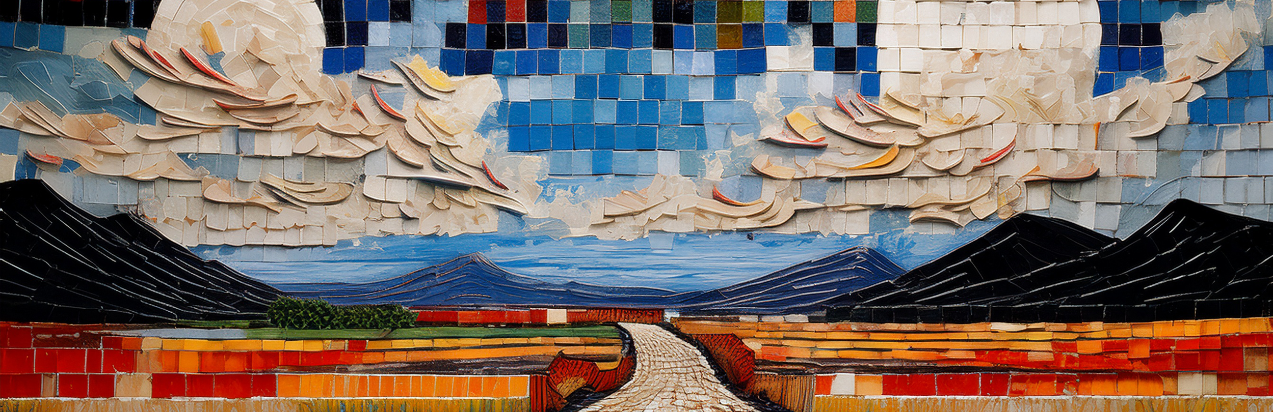 Mosaic art depicting a landscape with mountains, a cloudy sky, a dirt path, and green fields.