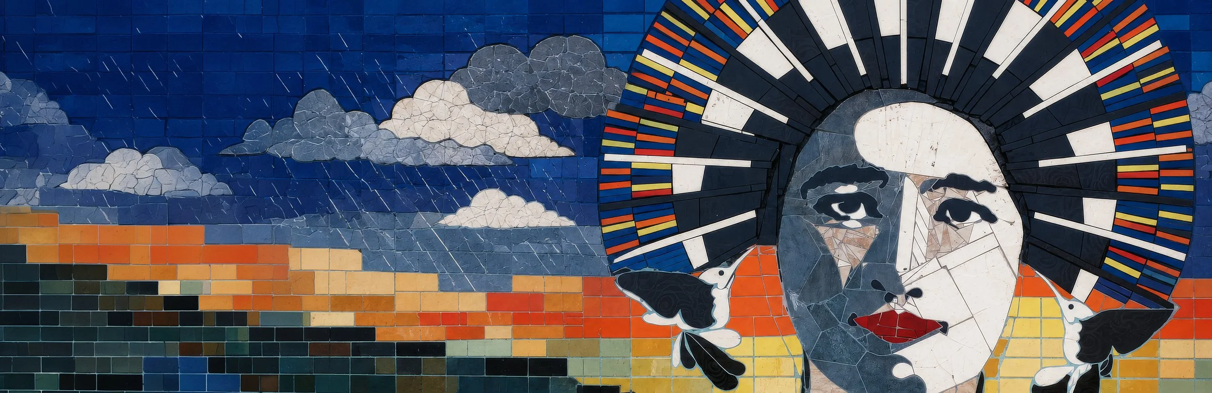 Mosaic mural of a woman's face with a colorful headdress, set against a background of sky with clouds and orange brick wall.