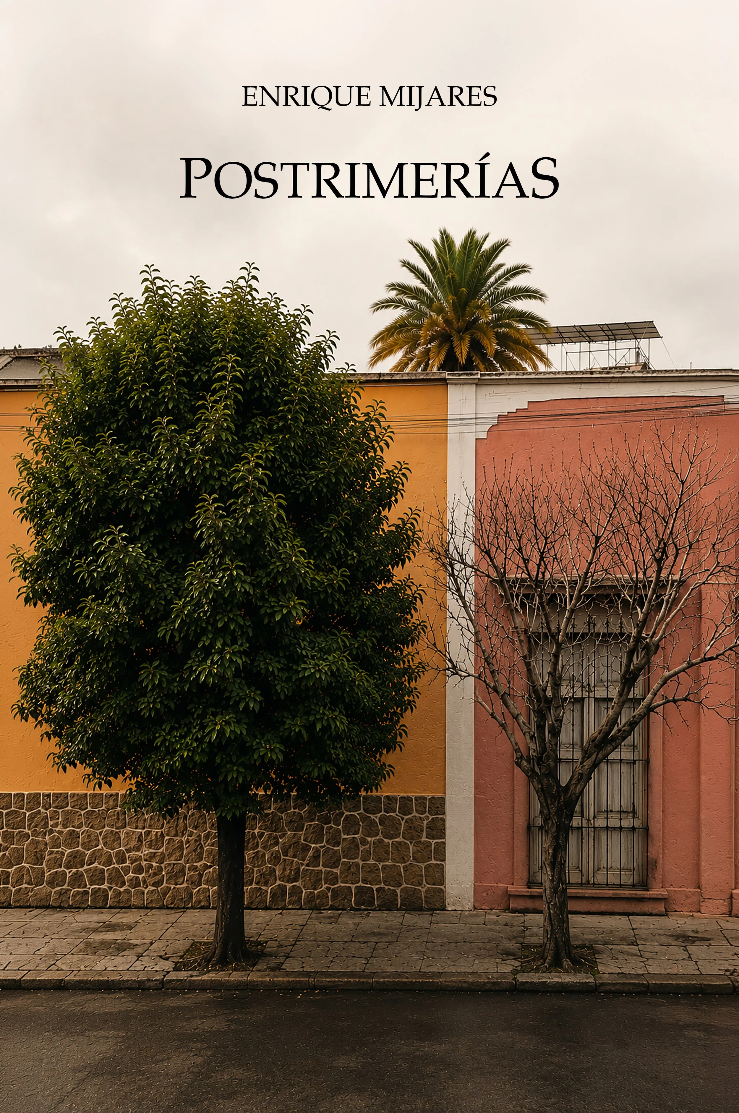 The image illustrates two trees in front of a colorful building with yellow and pink walls. The left tree is lush and green, while the right tree is leafless with a large window below it. The pavement and street are visible at the bottom.
