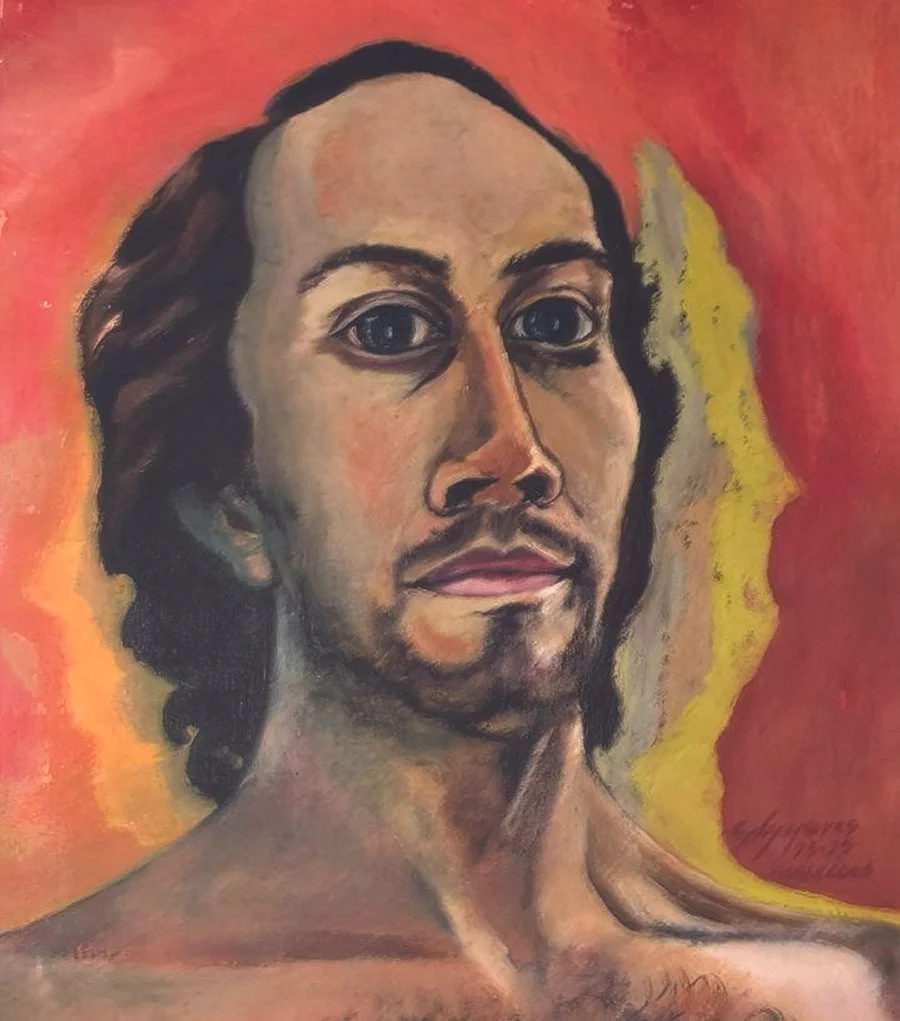 Painted portrait of a Enrique Mijares as a man with shoulder-length hair and a beard, with a warm-colored background.