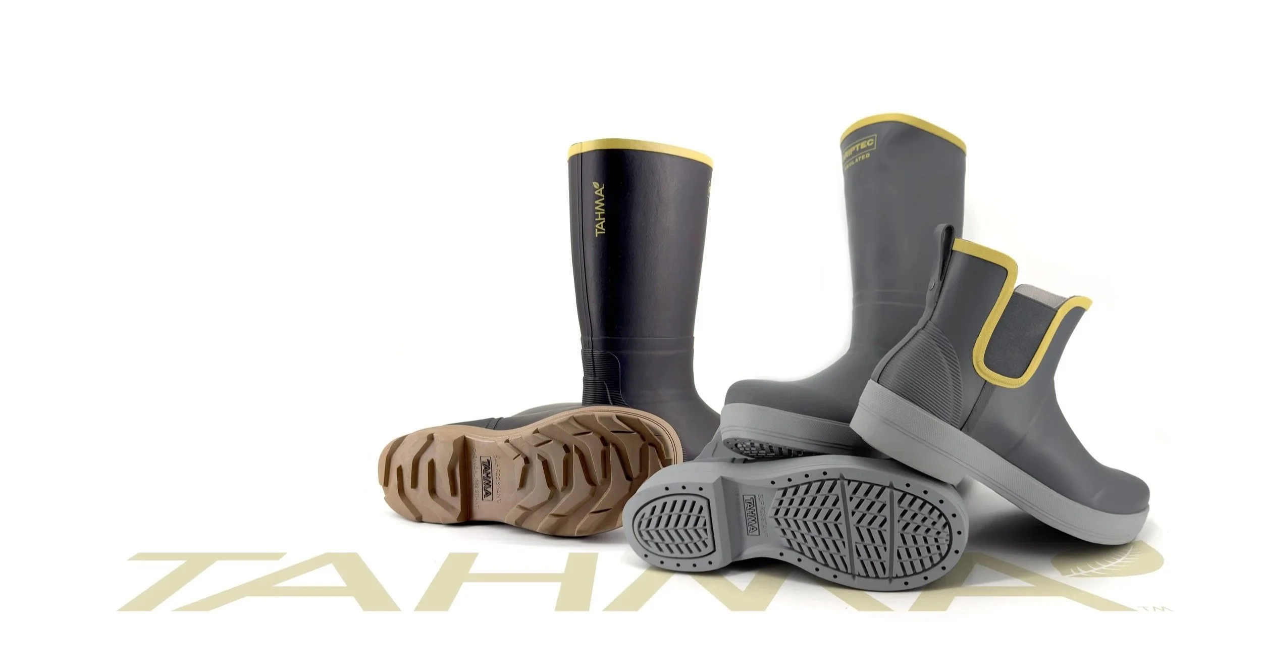 Tahma 15 inch gray, low-cut 7 inch and 15 inch all terrain boots in a pile on a white background
