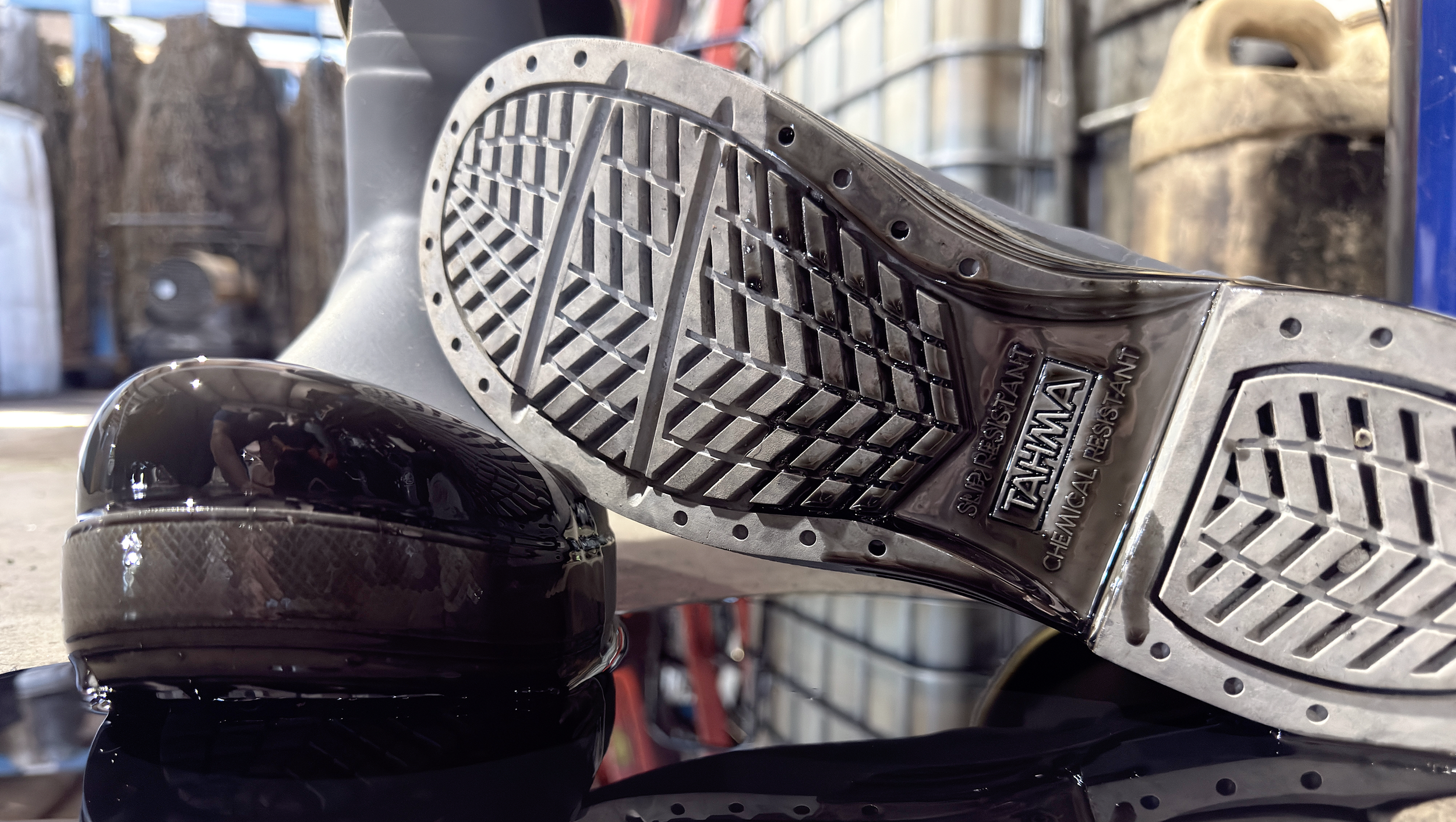Tahma boots covered in oil and chemicals