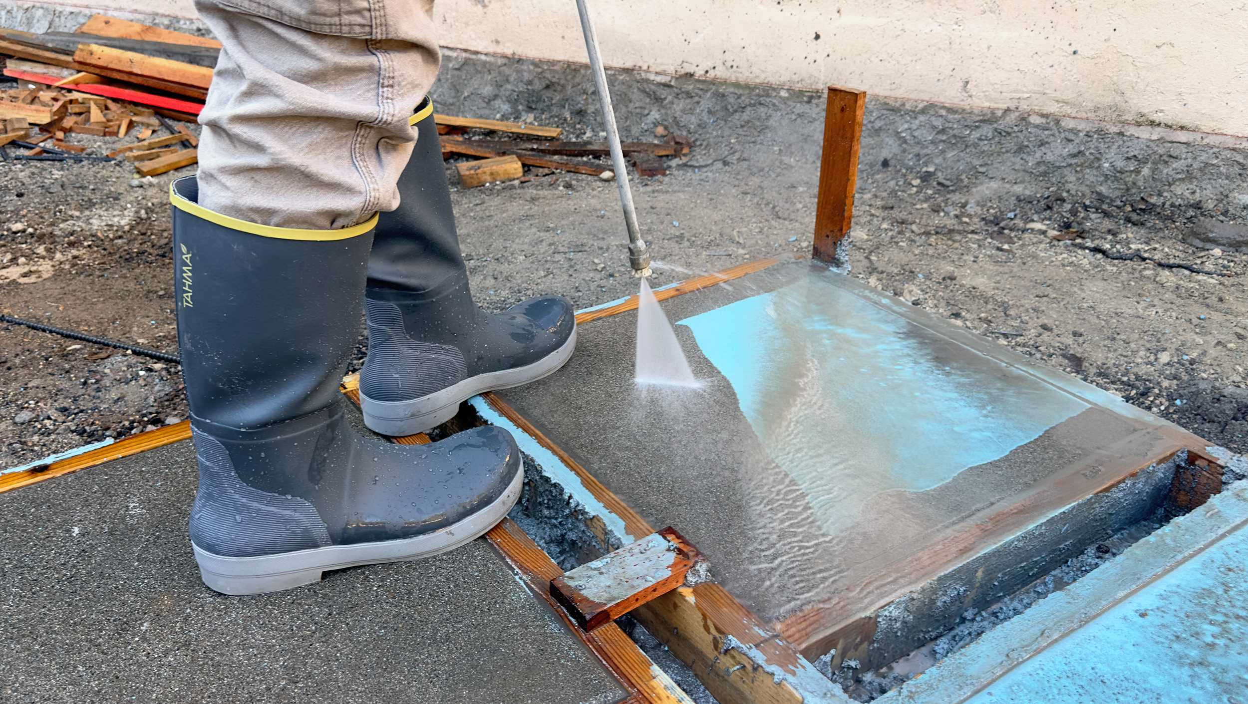 Tahma waterproof work boots worn while pressure washing a concrete surface at a job site.