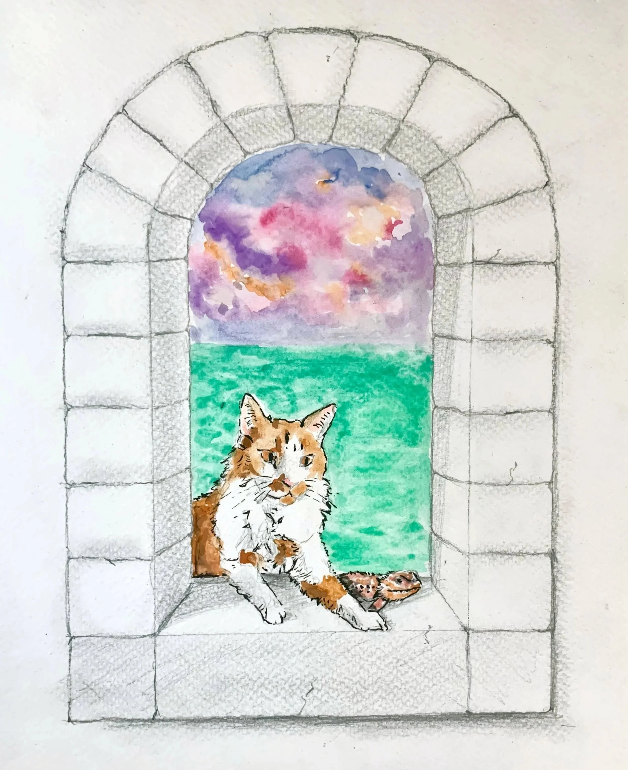 "Cat in the Window" Watercolor and Pencil