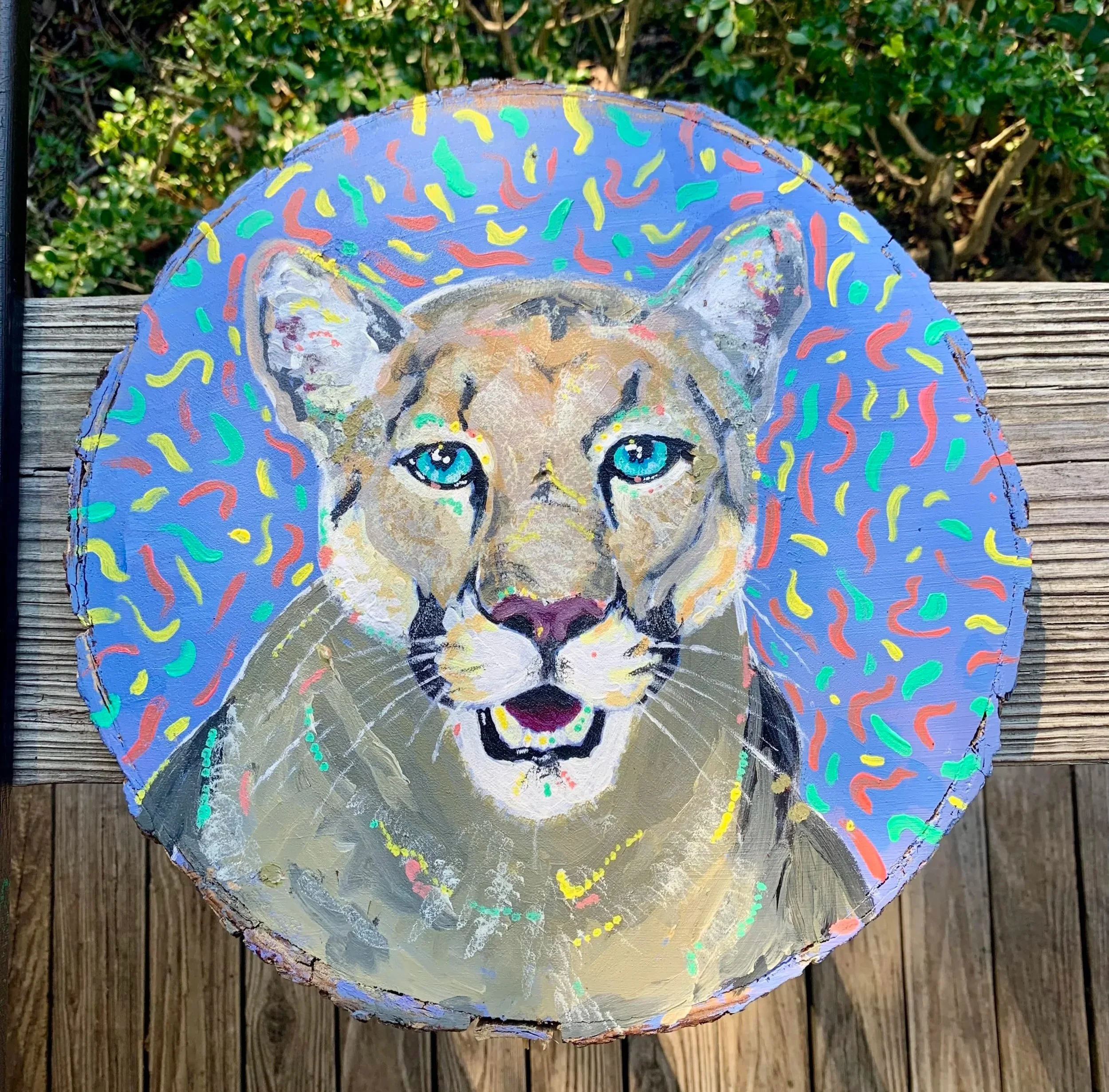"Florida Panther," Acrylic on wood Stump, approx 1x1ft 