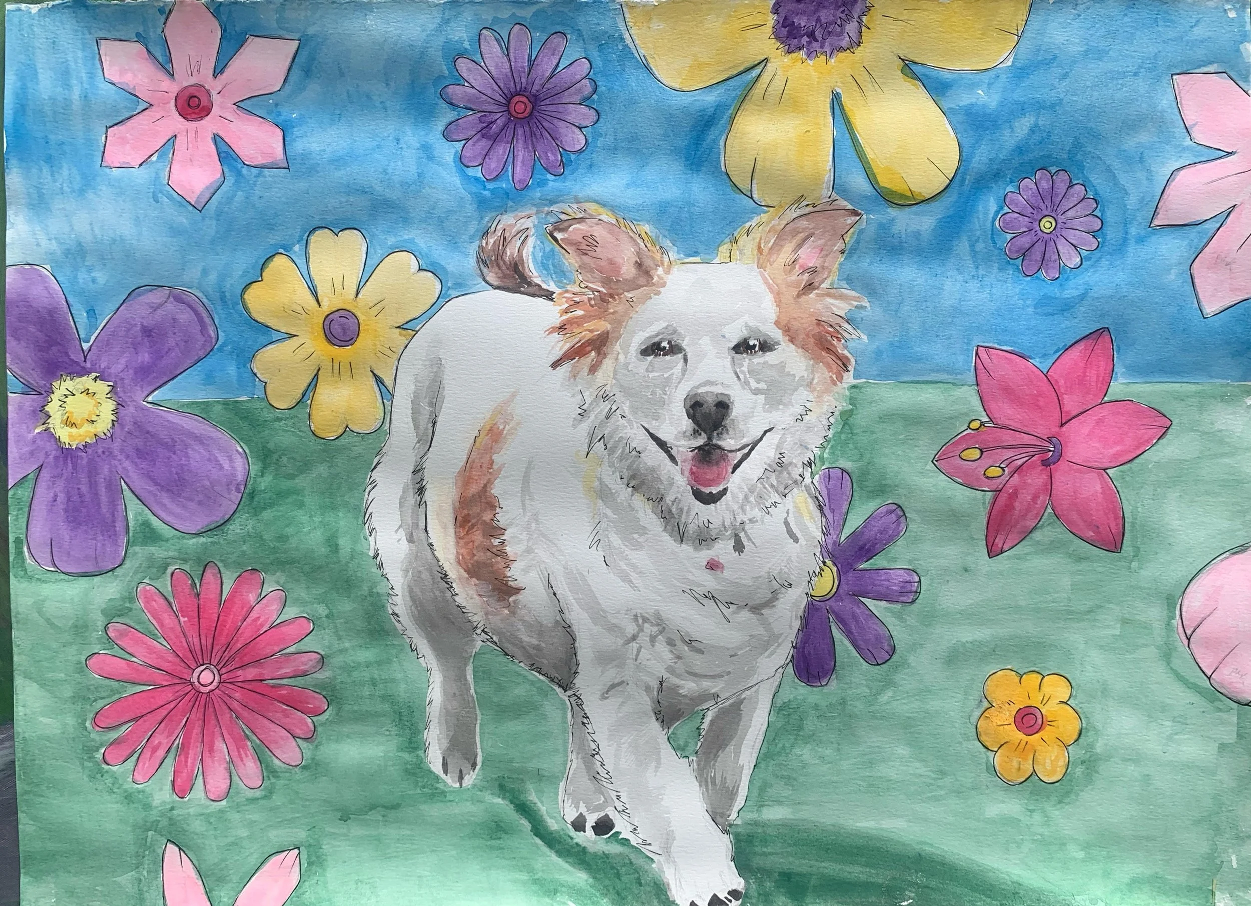 "Dog in the Flowers," Pet Commission, Sold, Watercolor, 2 x 3 ft