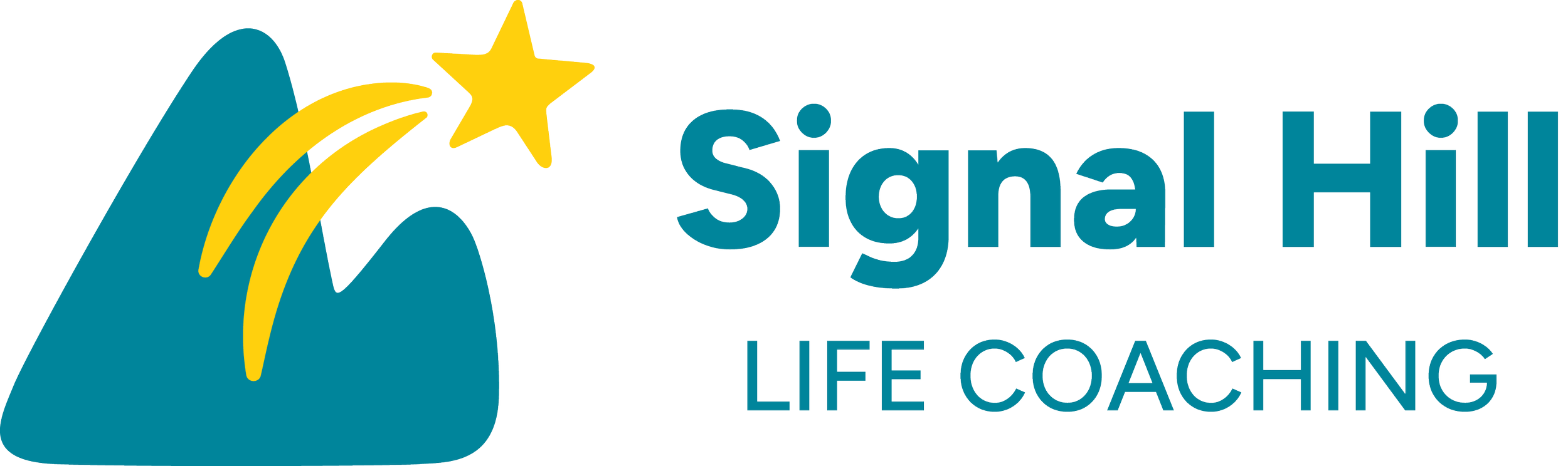 Logo for Signal Hill Life Coaching featuring a stylized mountain, shooting star, and the company name in teal text.