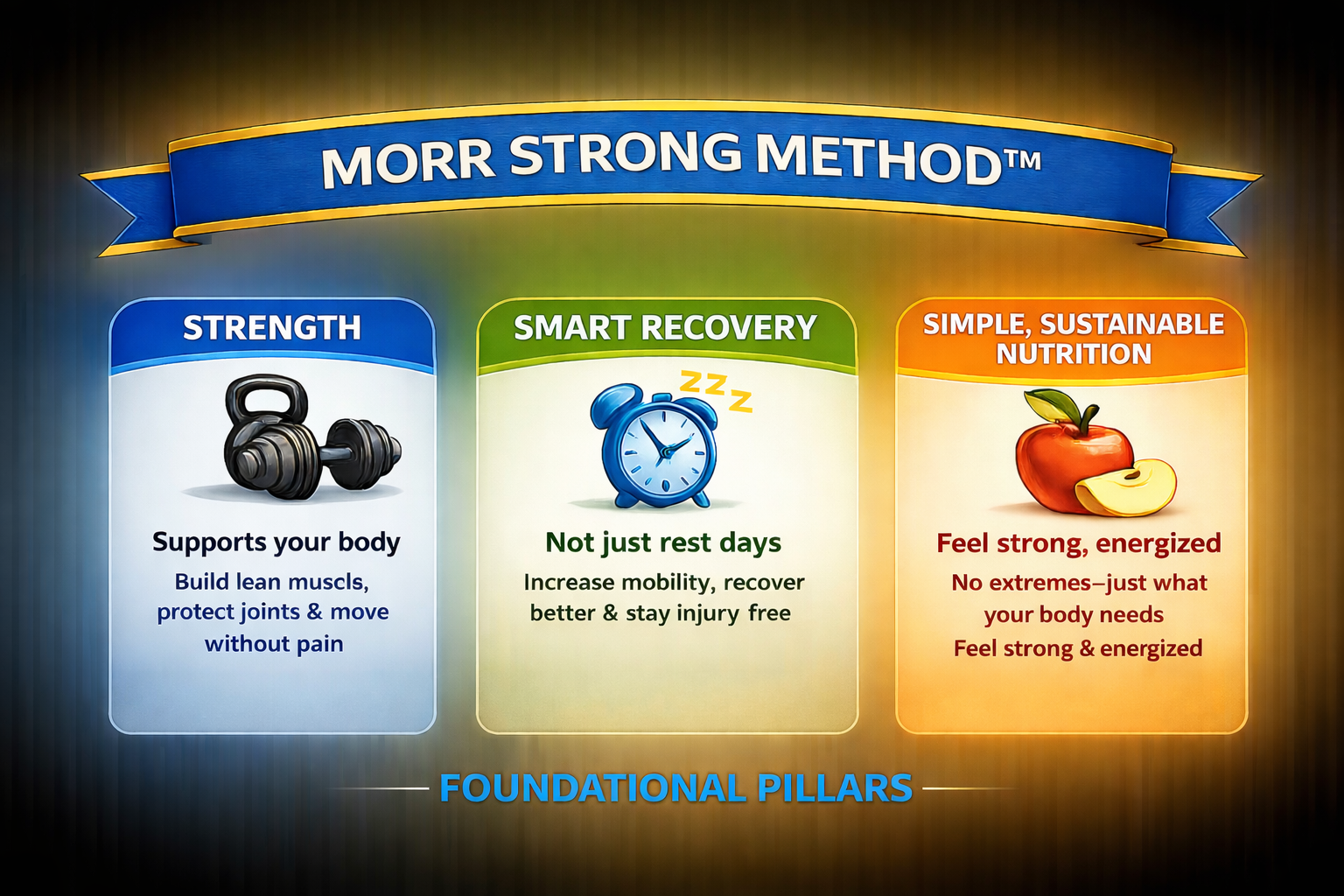 A colorful infographic titled 'MORR STRONG METHOD' with three pillars: Strength, Smart Recovery, and Simple, Sustainable Nutrition. Strength features an image of dumbbells and text about building muscle. Smart Recovery shows a clock with sleep symbols and text on increasing mobility and recovery. Simple, Sustainable Nutrition displays an apple and text about feeling strong and energized. The bottom text reads 'FOUNDATIONAL PILLARS'.