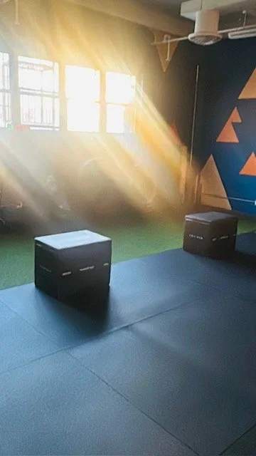 Yoga studio with mats, two black plyometric boxes, and geometric wall art, sunlight shining through windows.