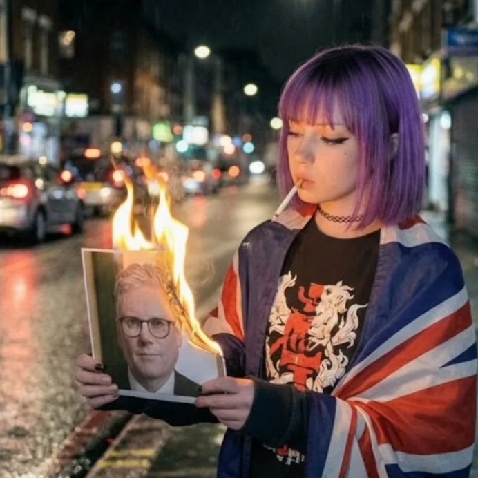 Young woman with purple hair wearing a Union Jack jacket, holding a burning photo of a man with glasses in a city street at night, with cars and lights in the background.