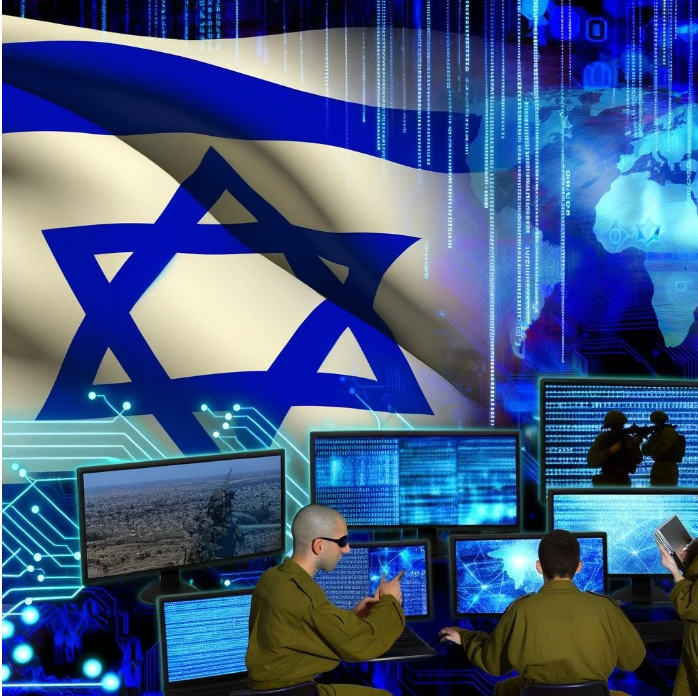 Israeli flag with digital and military imagery, including soldiers, technology screens, and coding, symbolizing cyber security or military defense.
