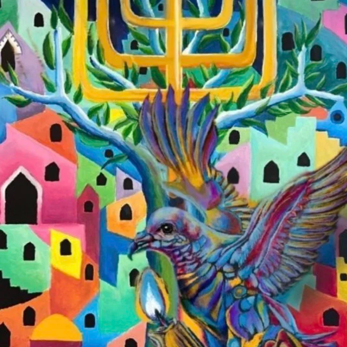 Colorful painting of a dove with pastel-colored feathers, set against a background of vibrant houses and a large golden menorah.