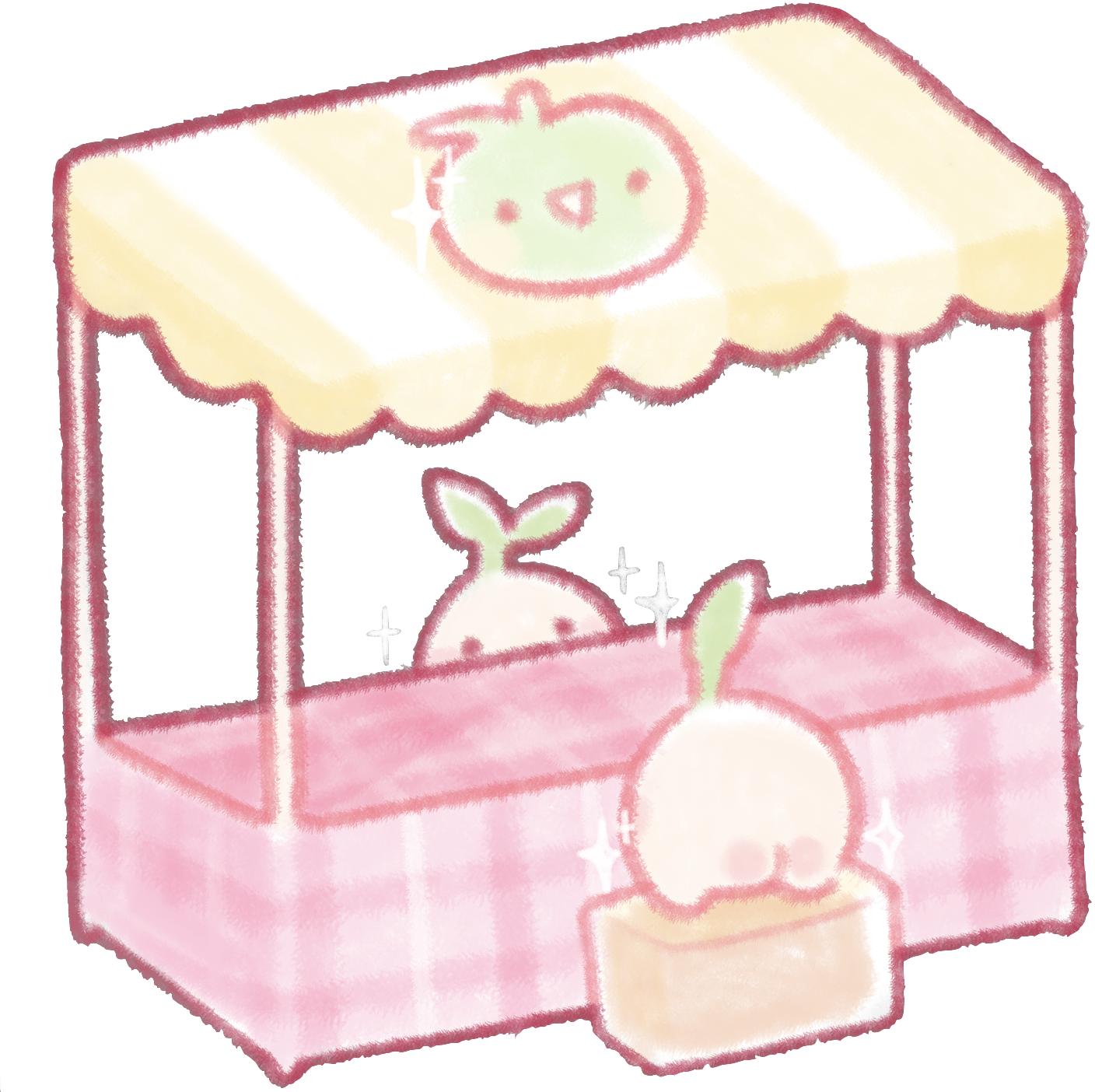 Cute pastel-colored illustration of a bunny taking a bath in a pink bathtub with a canopy, with another bunny sitting in a small container at the corner of the tub.