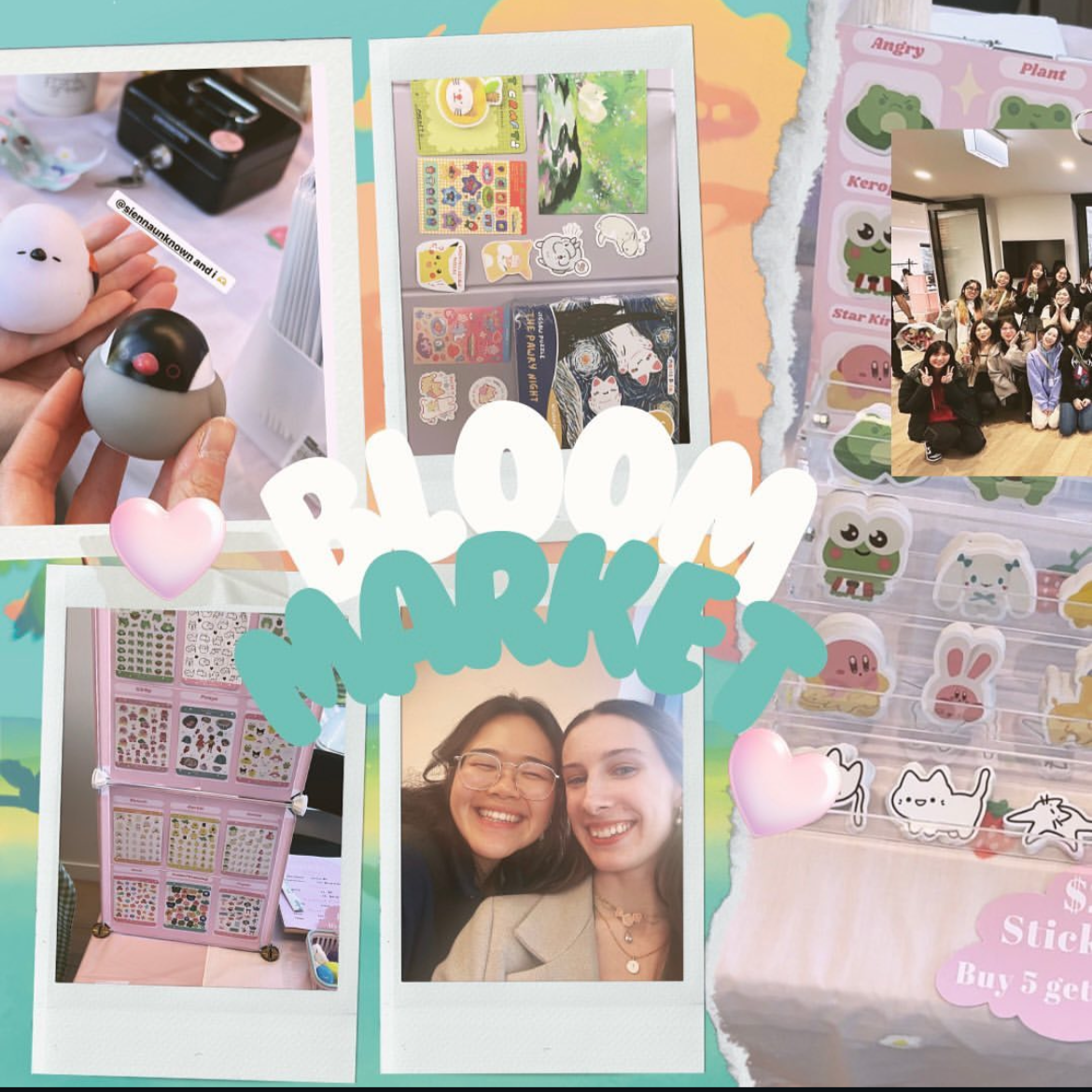 Collage of photos at a crafting or shopping event, featuring small character toys, sticker sheets, a group photo of smiling women, and craft materials.