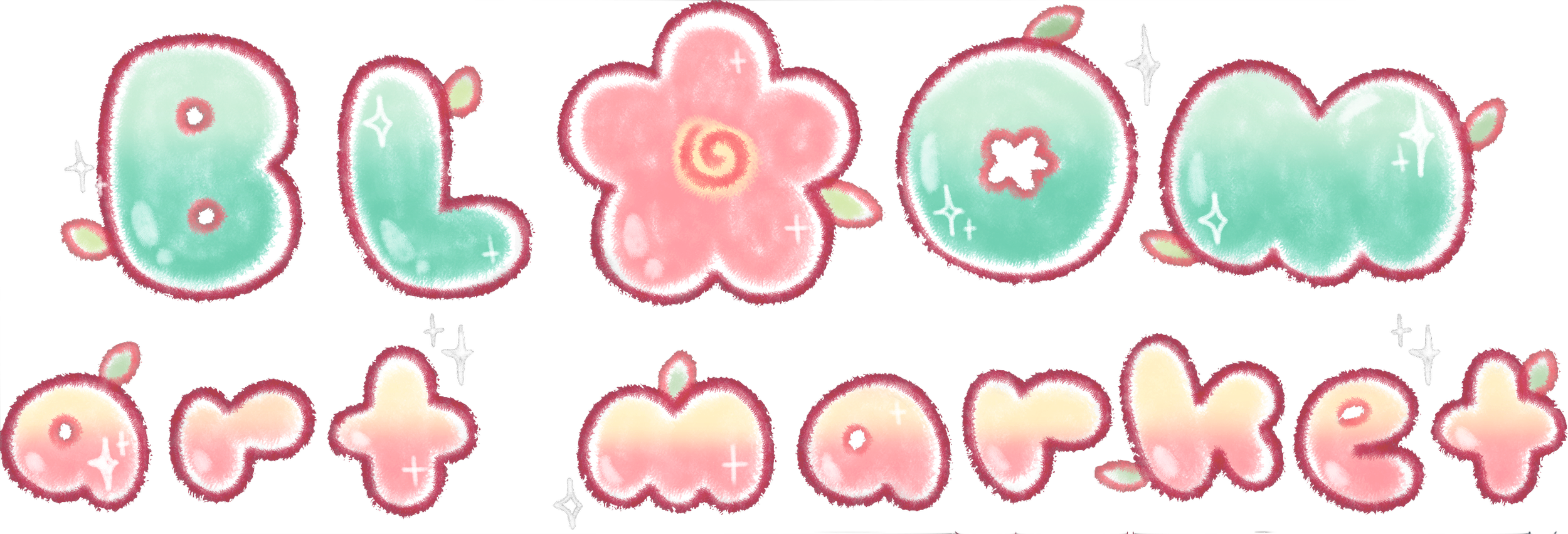 Colorful, bubble-style text that reads 'Bloom Power', with a pink flower illustration between the words, decorated with sparkles and small leaves.