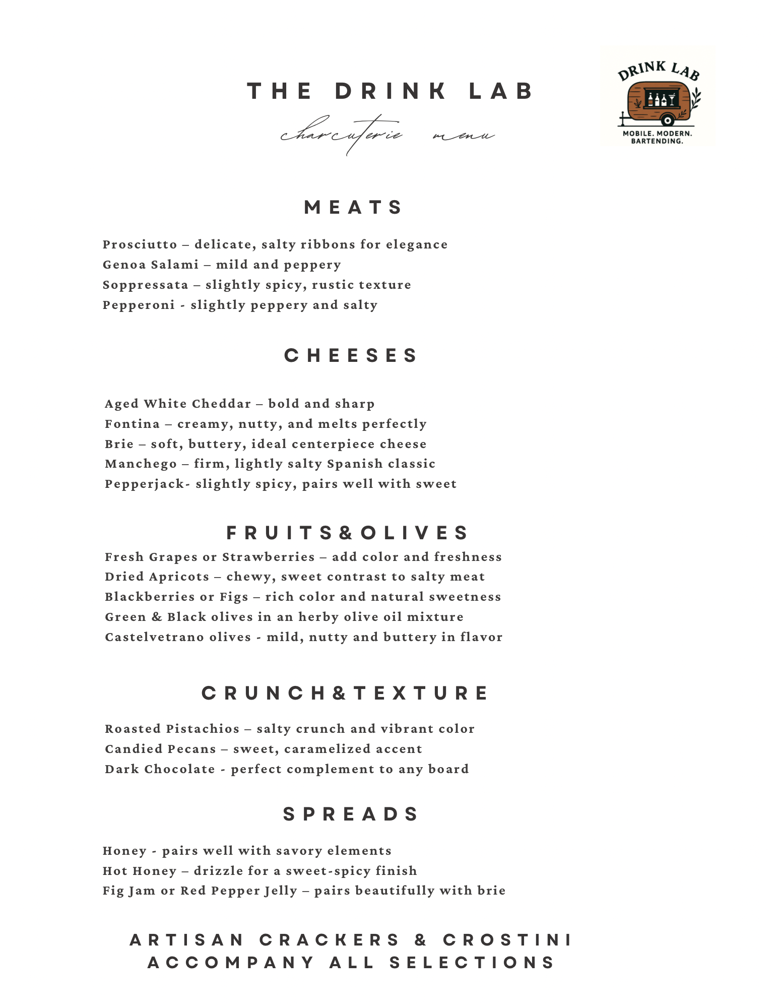 Menu for The Drink Lab featuring charcuterie selections, cheeses, fruits, olives, crunchy snacks, spreads, and beverages.