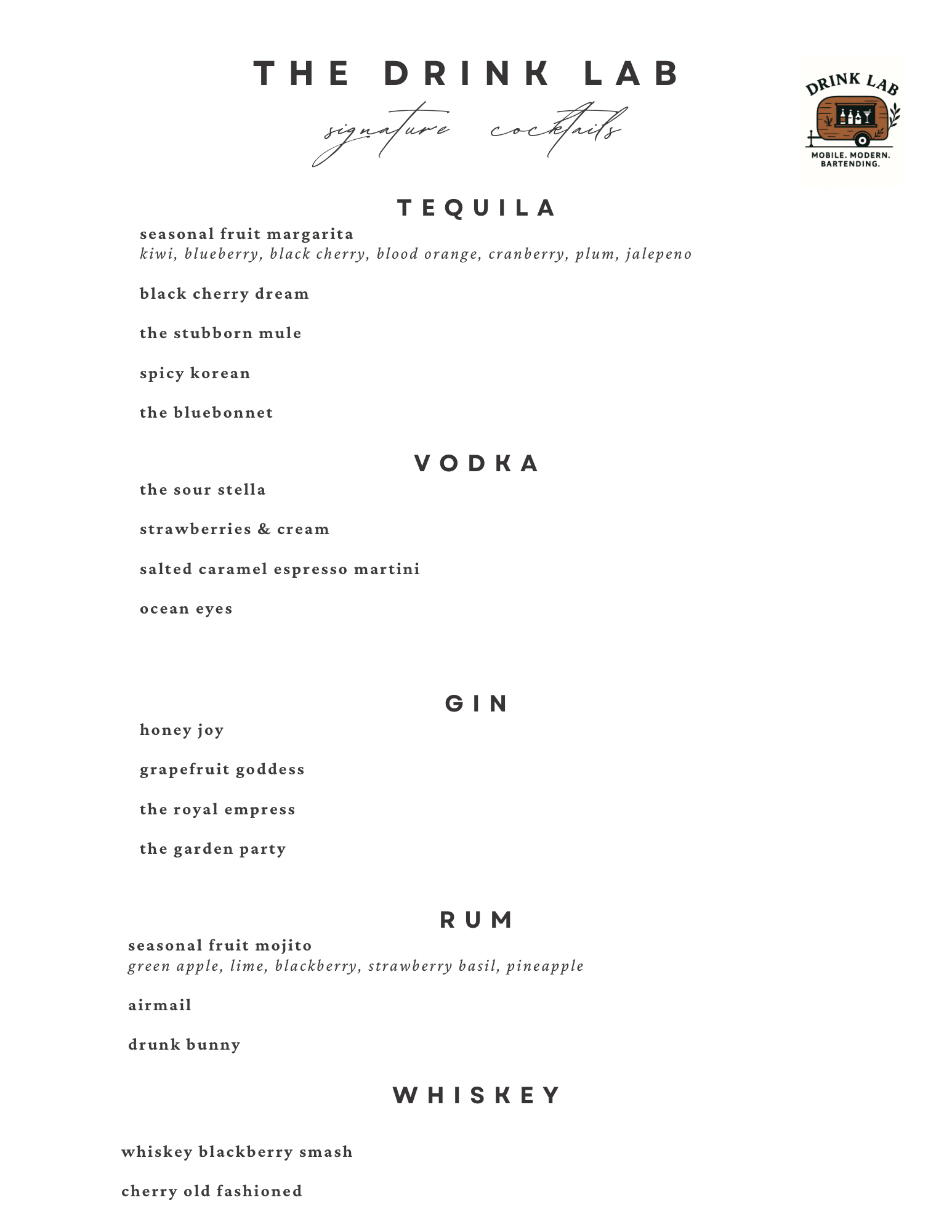A menu from The Drink Lab featuring categories for tequila, vodka, gin, rum, and whiskey with various signature cocktails listed under each category.