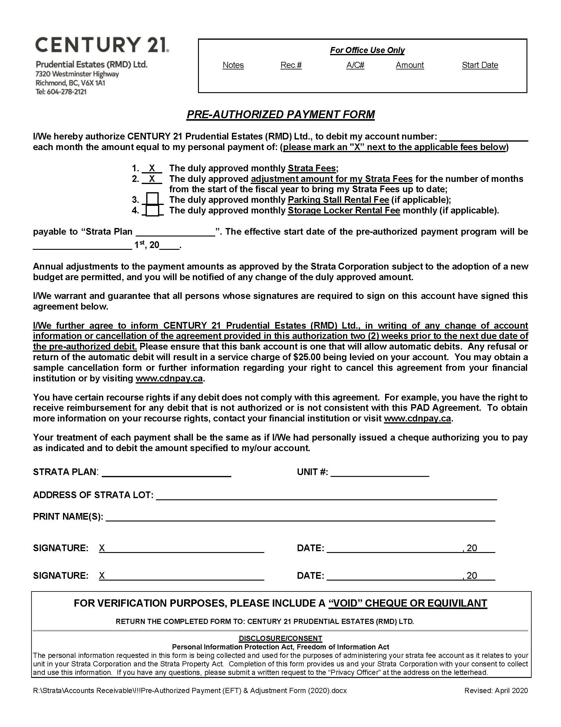 Pre-Authorized Payment EFT Adjustment for Strata Corporation