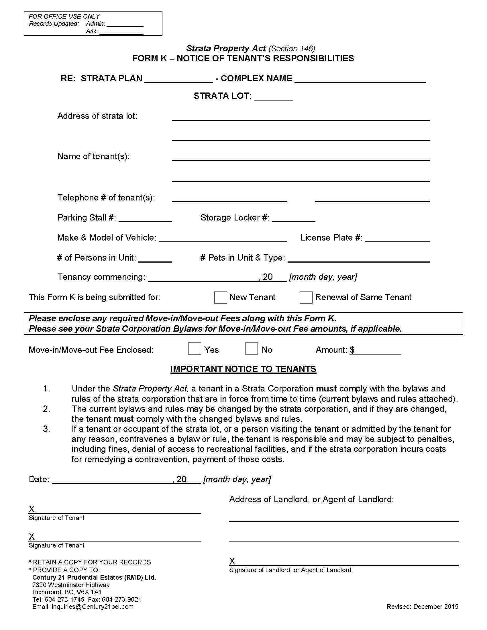 BC Strata Tenant Responsibilities